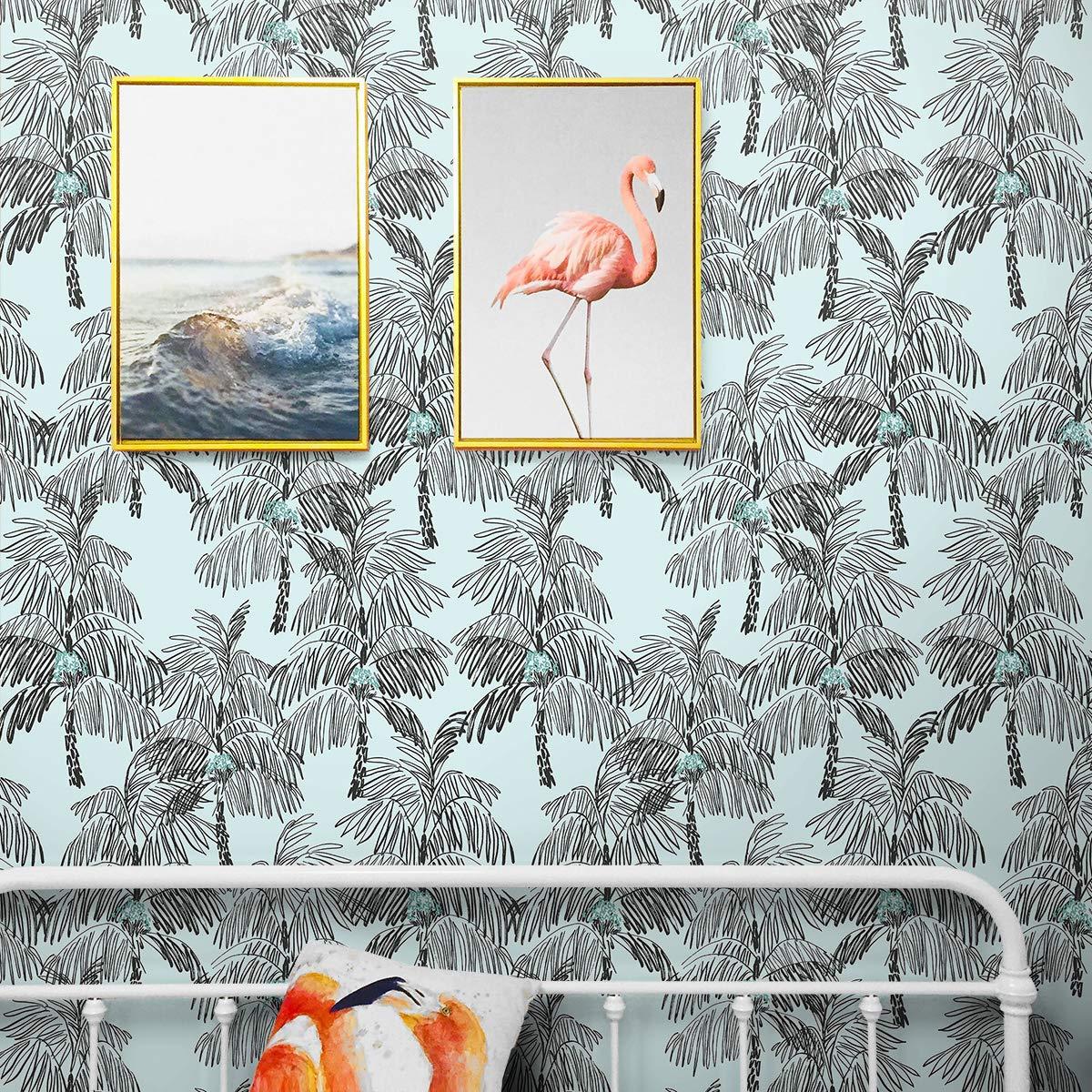 NextWall  Palm Beach Peel and Stick Wallpaper Sky Blue & Black