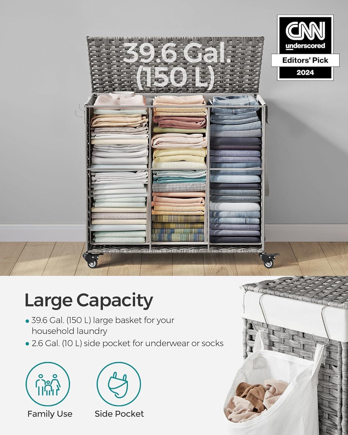 Gray Collapsible Rattan Laundry Hamper with Wheels and Lid