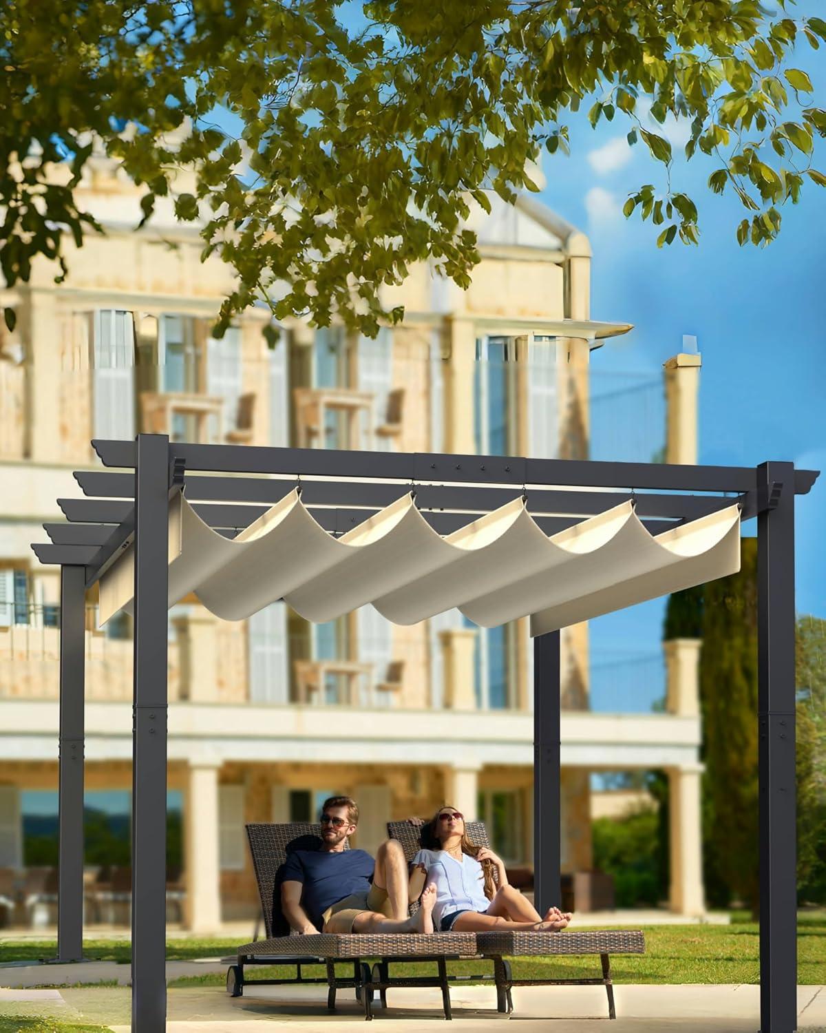 Gray Aluminum Pergola with Retractable Canopy for Outdoor Use