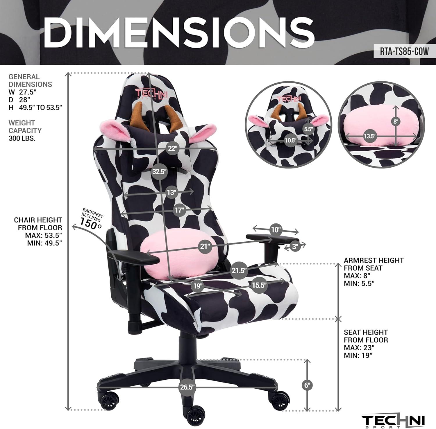 Ts85 Cow Print Luxx Series Gaming Chair Cow - Techni Sport: Velvet Upholstery, Memory Foam, Adjustable