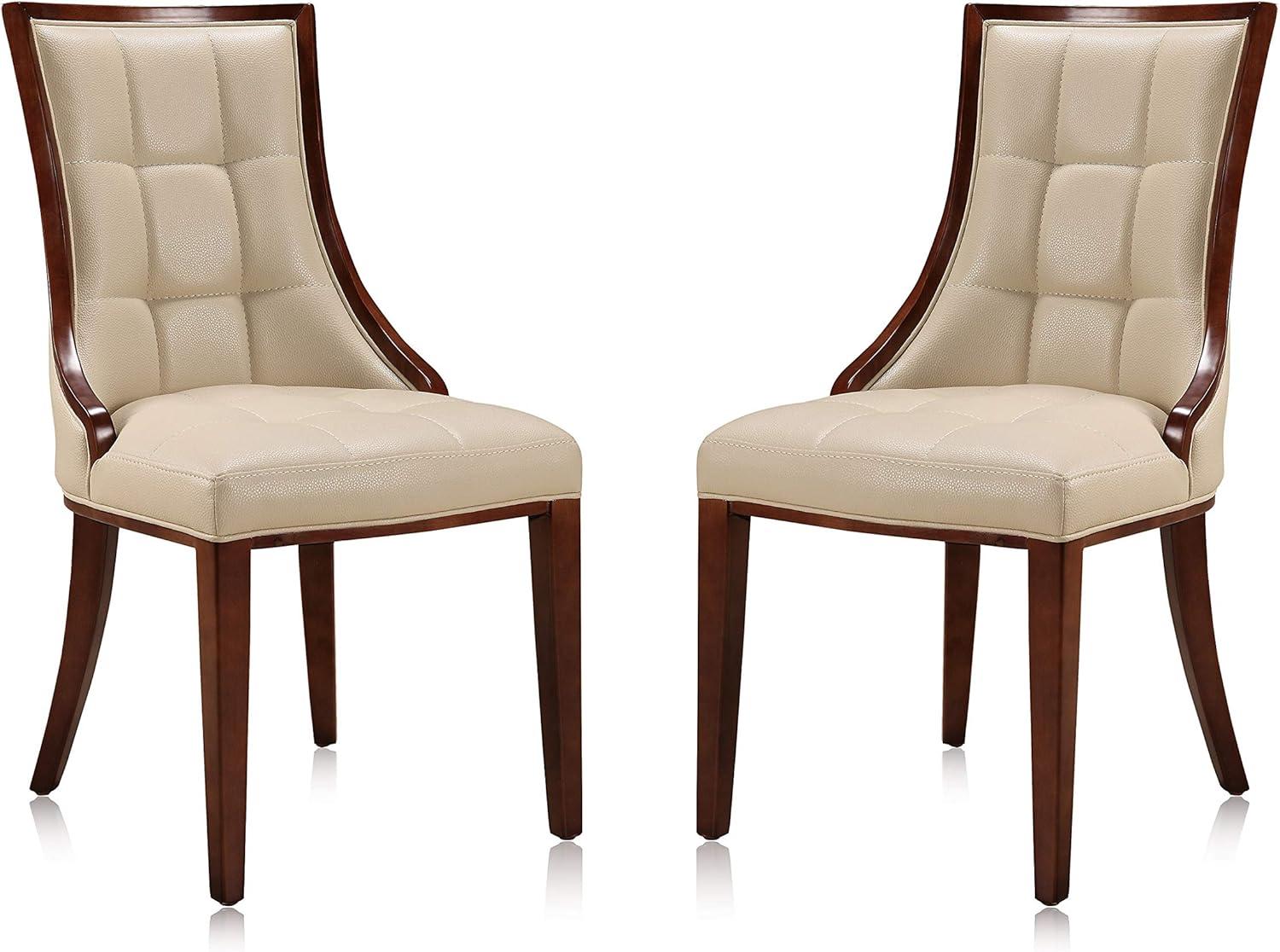 Manhattan Comfort Fifth Avenue Faux Leather Dining Chair (Set of Two) in Cream and Walnut