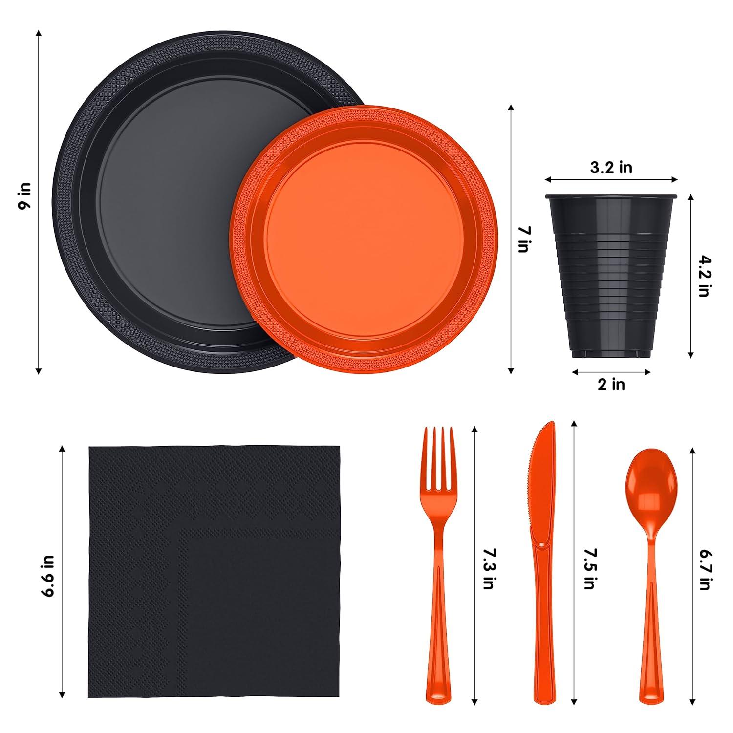 Crown Display 350 Piece Black and Orange Halloween Disposable Plastic Dinnerware party set- Serves 50