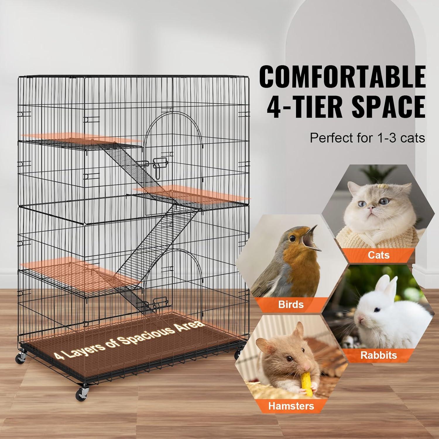 VEVOR Cat Cage Indoor Catio Cat Enclosure, Large Cat House on Rotating Wheels, 4-Tier Pet Playpen, Cat Crate Cat Kennel, 35.4" L x 23.6" W x 51" H