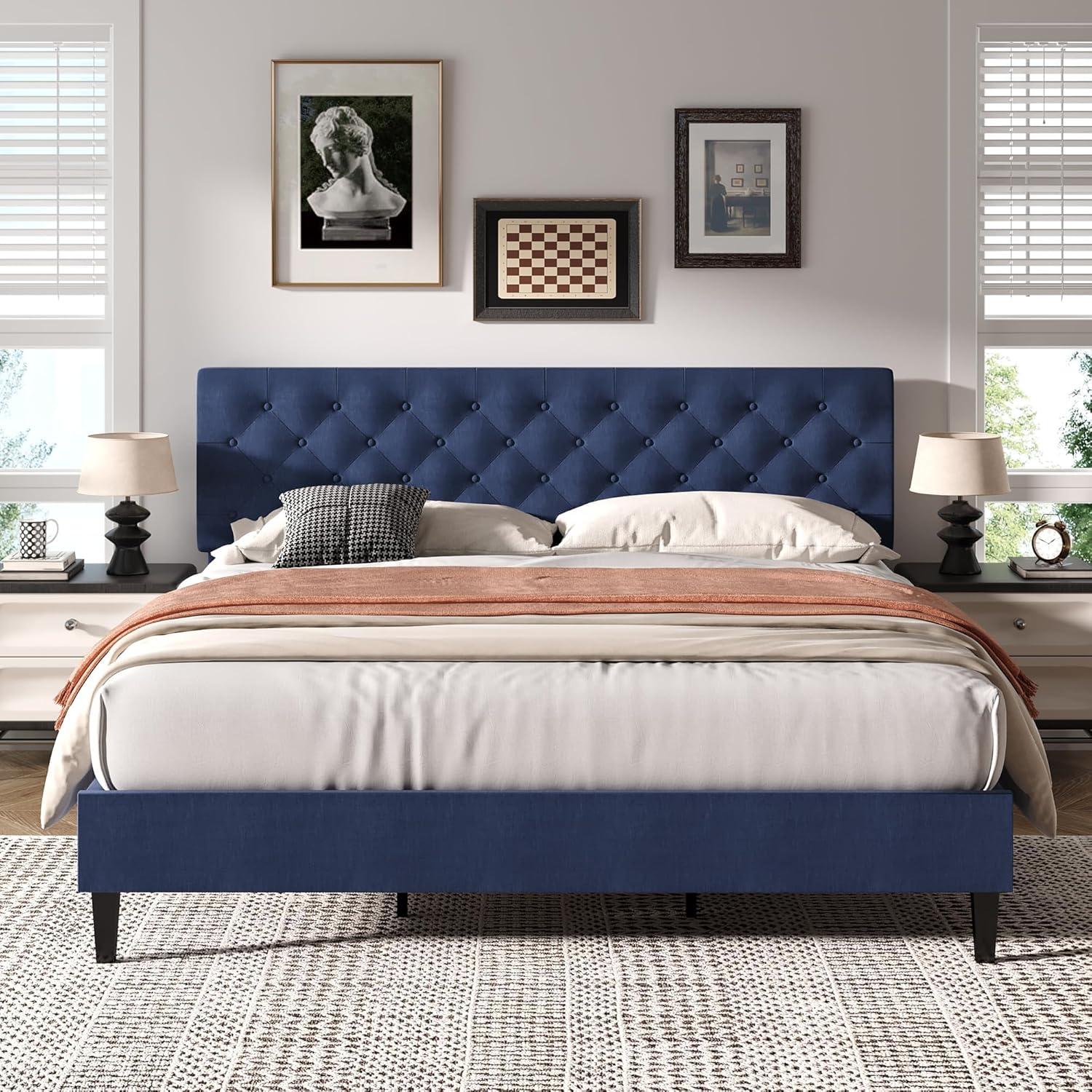 King Size Bed Frame, Upholstered Platform Bed Frame King with Button Tufted Headboard, Wooden Slats Support, No Box Spring Required, Easy Assembly, Navy Blue
