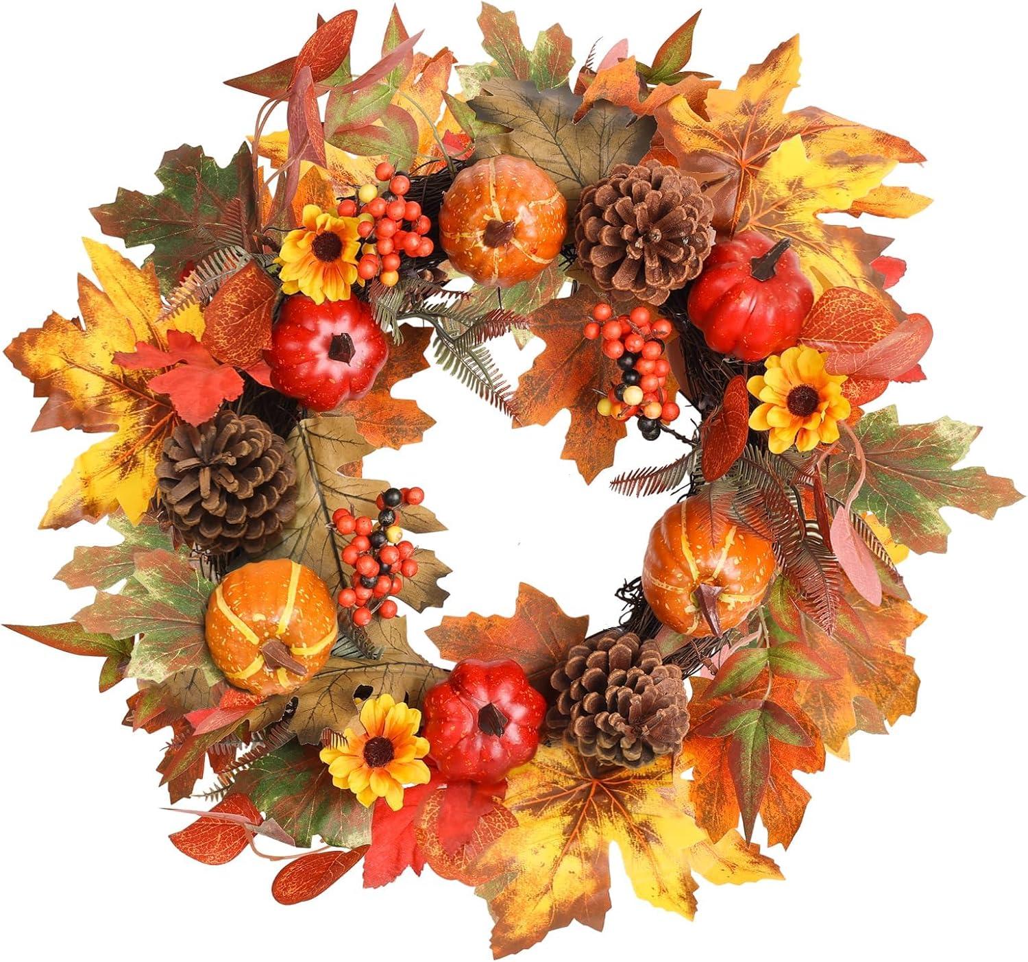 Fall Wreath 20’’ Autumn Front Door Wreath Harvest Wreath with Sunflower Pumpkins Berries Maple Leaves Daisies for Outside Indoor Home Wall Festival Thanksgiving Autumn Farmhouse Decor
