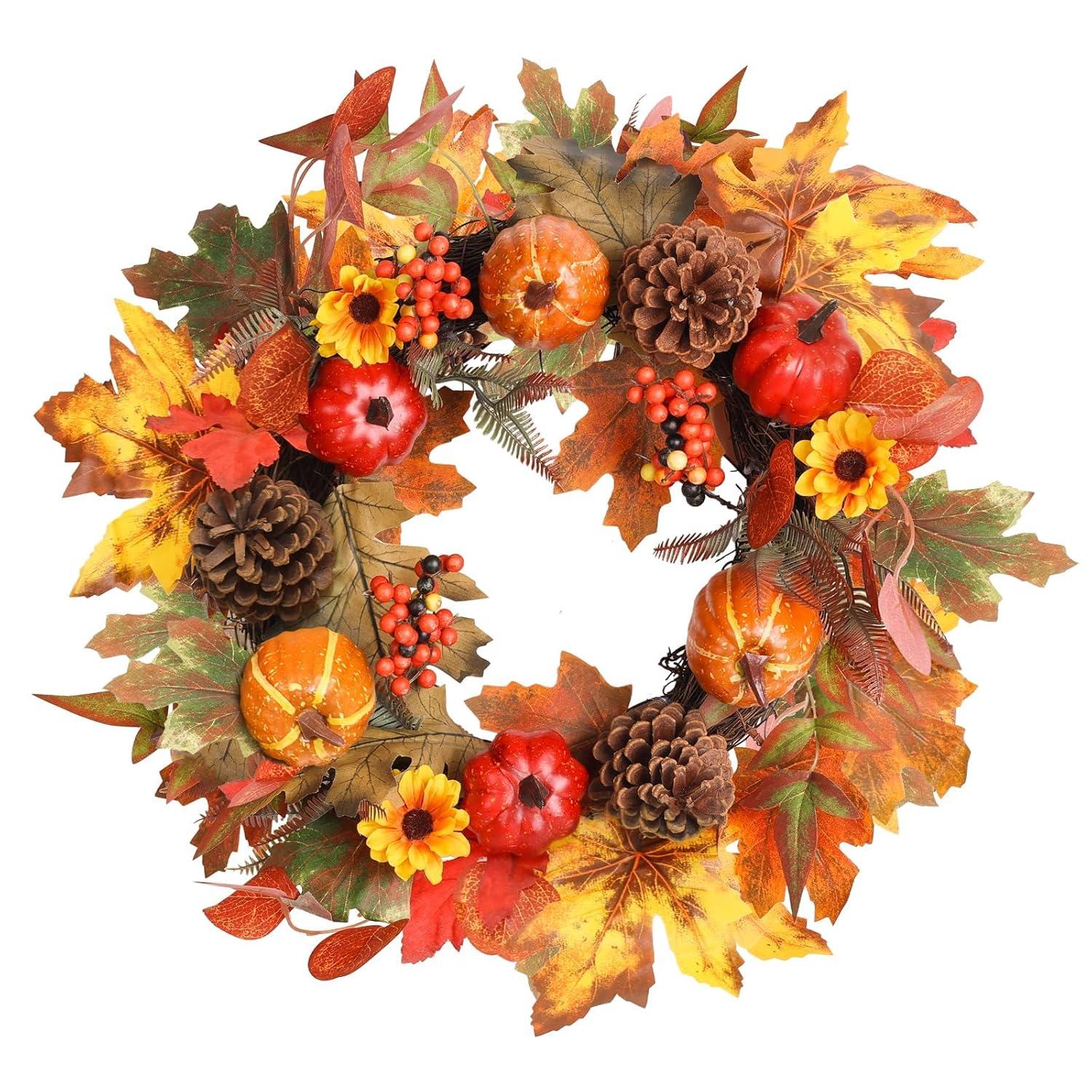 Fall Wreath 20’’ Autumn Front Door Wreath Harvest Wreath with Sunflower Pumpkins Berries Maple Leaves Daisies for Outside Indoor Home Wall Festival Thanksgiving Autumn Farmhouse Decor