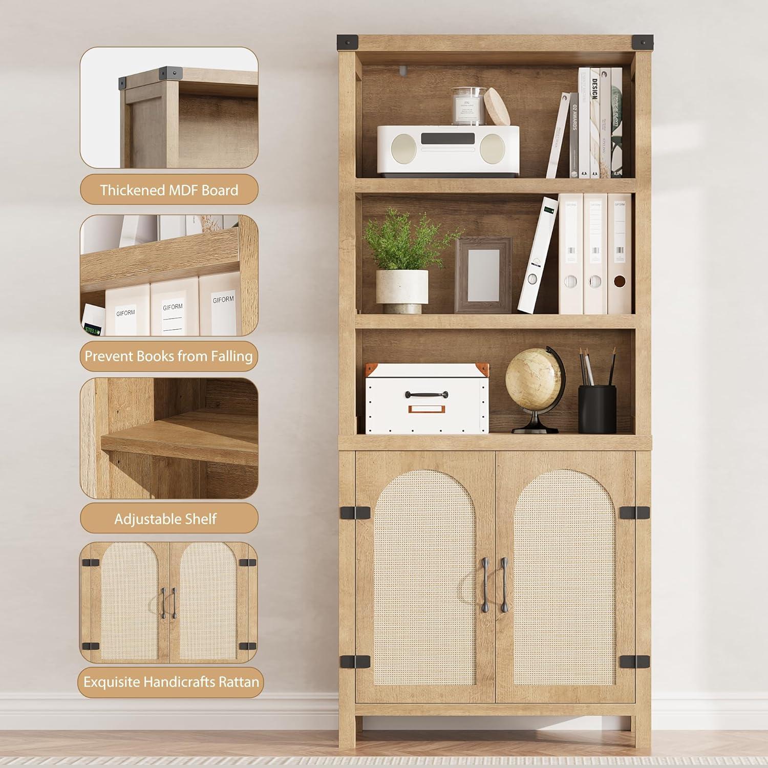 Rustic Bookshelves and Bookcases with Doors, Wooden 3 Shelf Bookshelves with Cabinets, 70" Tall Floor Standing Display Storage Shelves for Bedroom, Office, Living Room