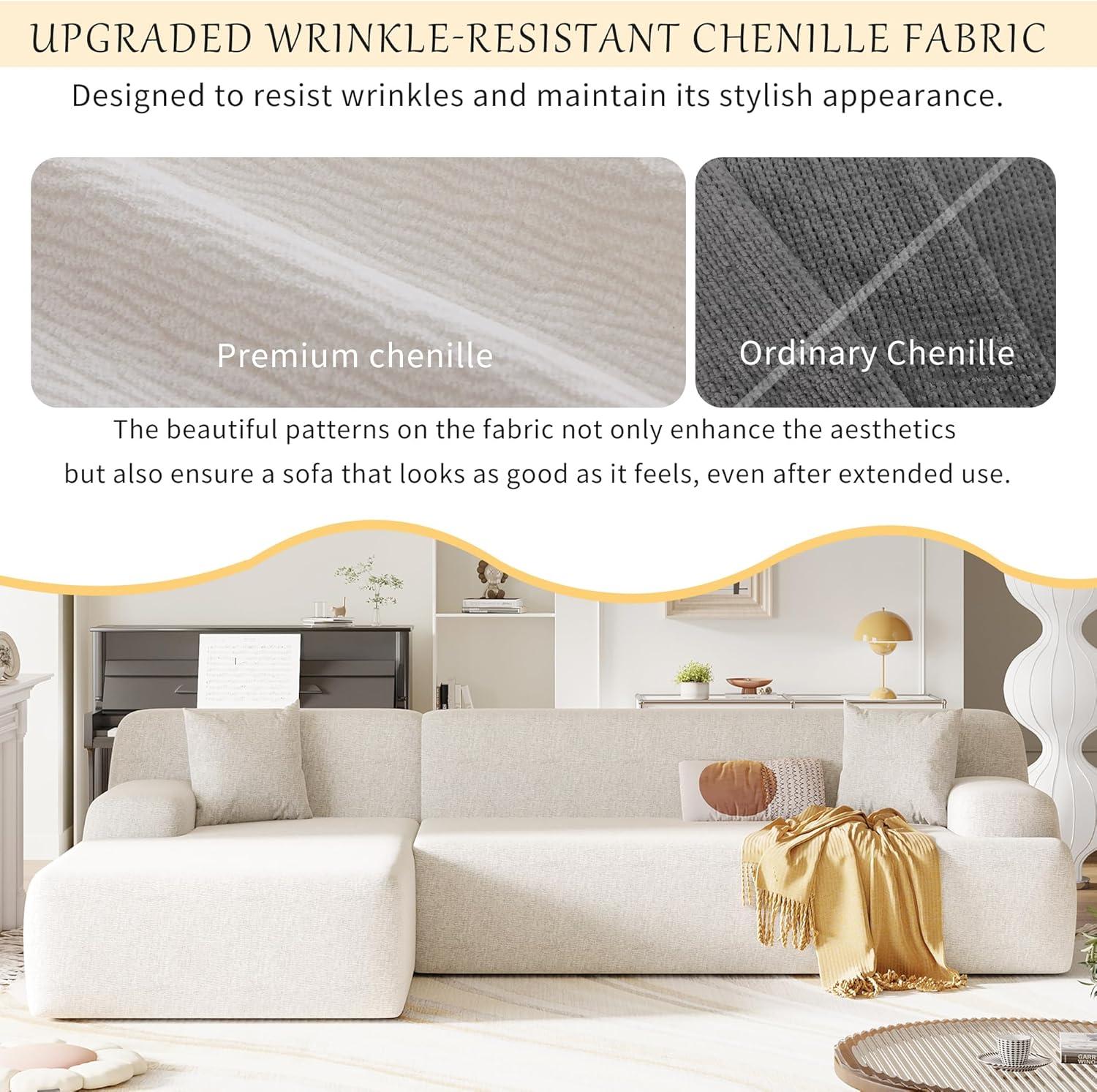 P PURLOVE L-Shape Sectional Sofa, Modern Minimalist Style Sectional Sofa Couch with 2 Free Pillows, 3-Seat Chenille Fabric Couch with Chaise Lounge for Living Room, Apartment, Office (Beige)