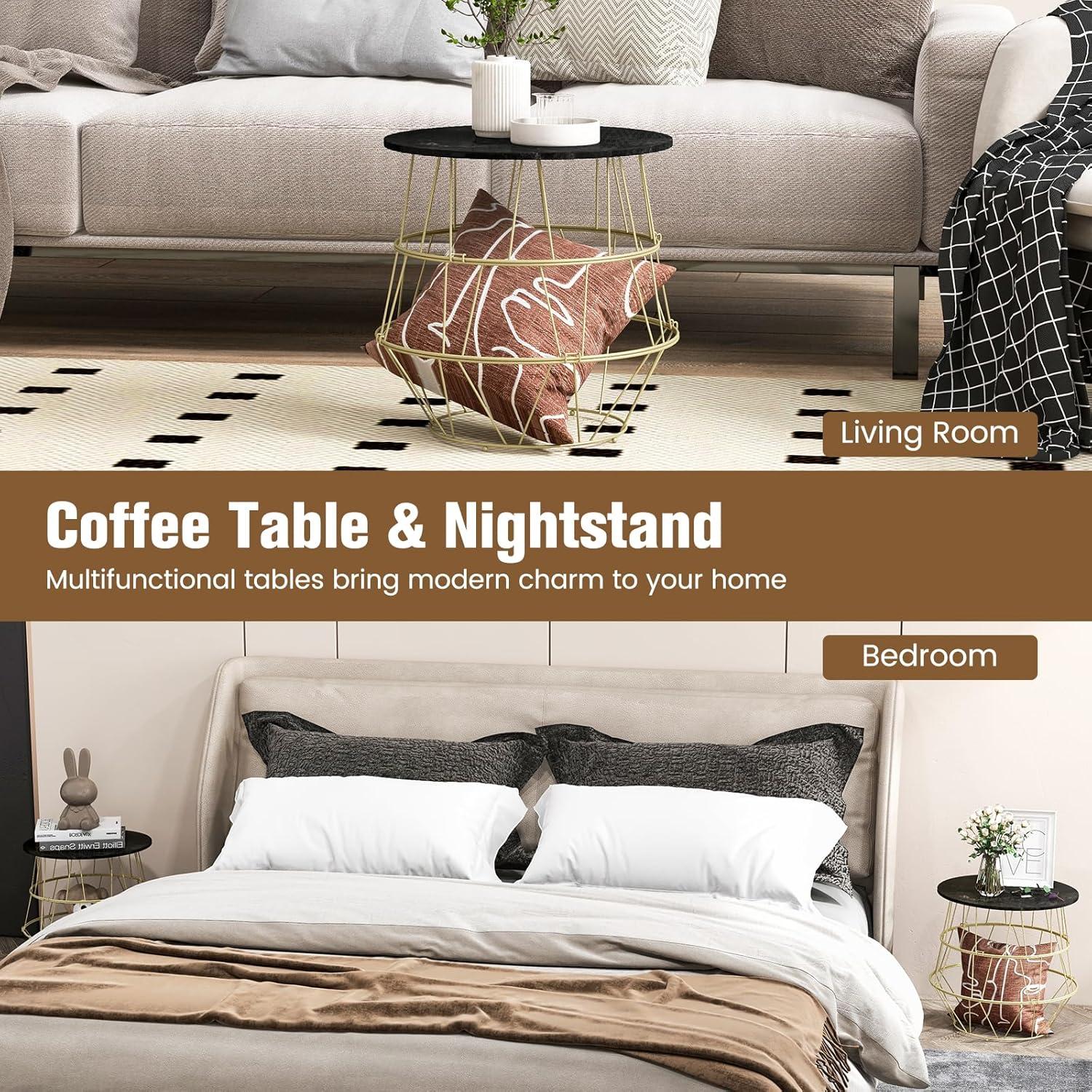 Giantex Faux Marble Coffee Table, Round Side End Table with Gold Metal Frame & Removeable Top, Modern Sofa Accent Bedside Table for Living Room, Bedroom, Small Space, Easy Installation (1)
