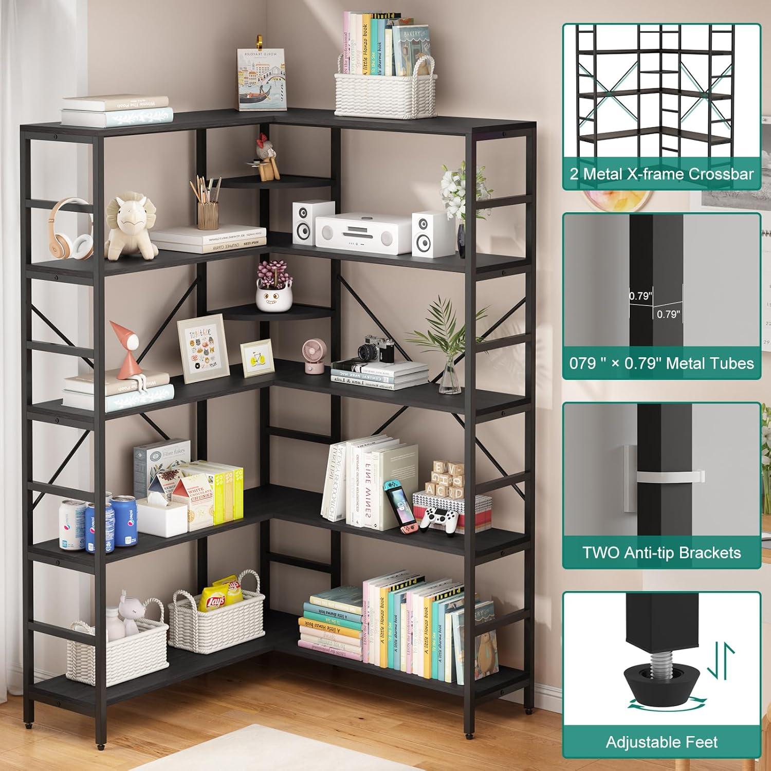 L-Shaped Corner Bookshelf, 5-Tier Industrial Bookcase with Heavy-Duty Metal Frame, Tall Storage Display Shelf for Bedroom, Living Room, and Home Office