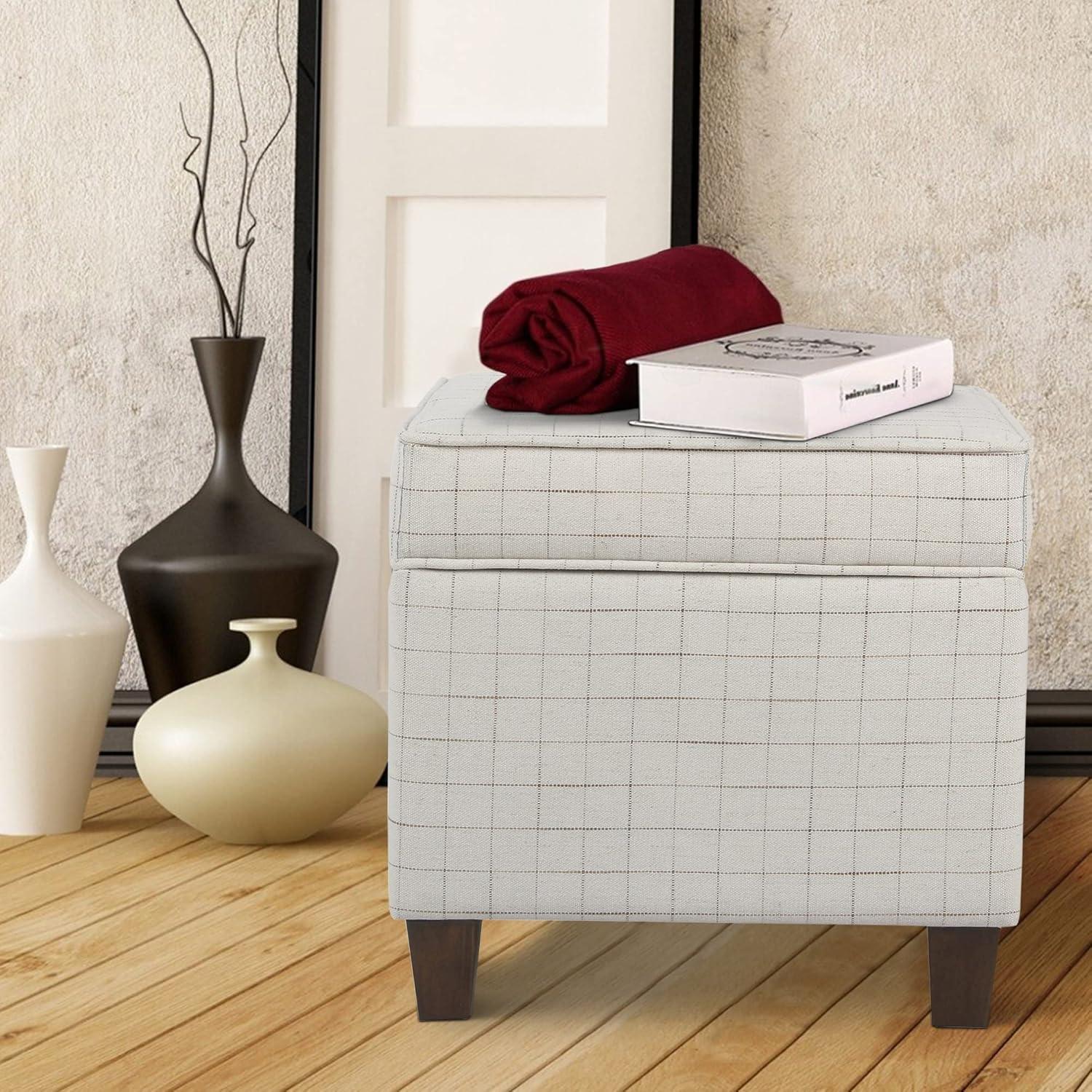 Benzara Wooden Square Ottoman with Grid Patterned Fabric Upholstery and Hidden Storage, Beige and Brown