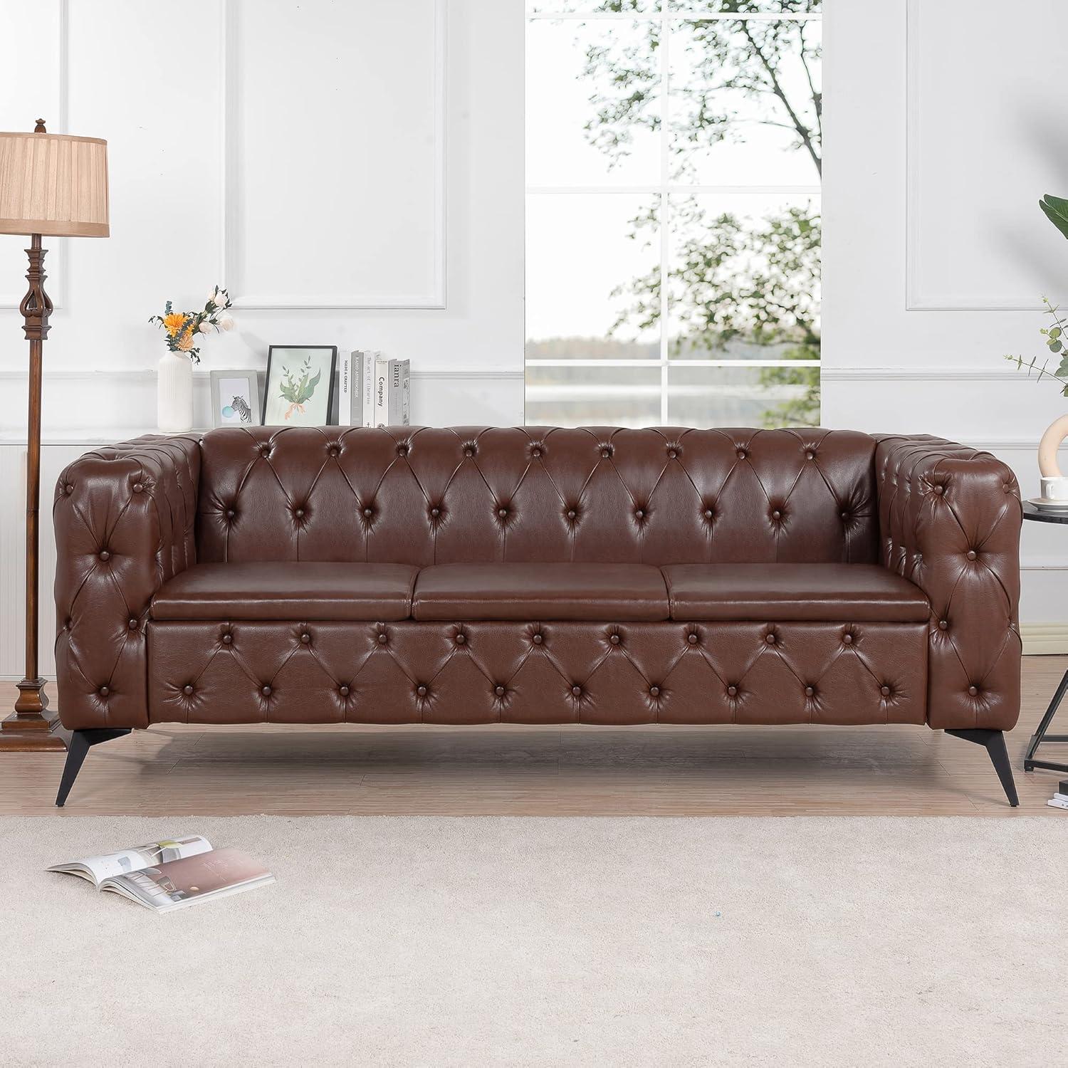 QHITTY Chesterfield Tufted Sofa, Leather Couch Accent Upholstered 3 Seater Button Sofa with Tufted Back for Living Room Bedroom Furniture (Dark Brown)