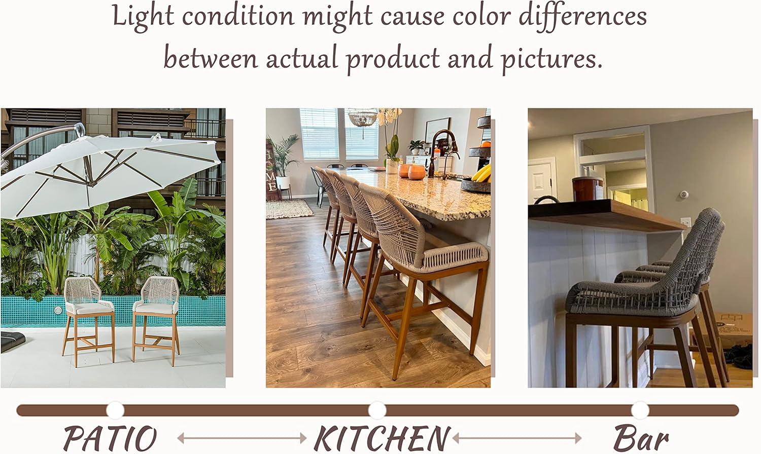 PURPLE LEAF Counter Height Bar Stools Set of 4 Rattan Chair Boho Wicker Metal Counter Stools with Back and Footrest Patio Seating Modern Garden Pool Outdoor Barstools