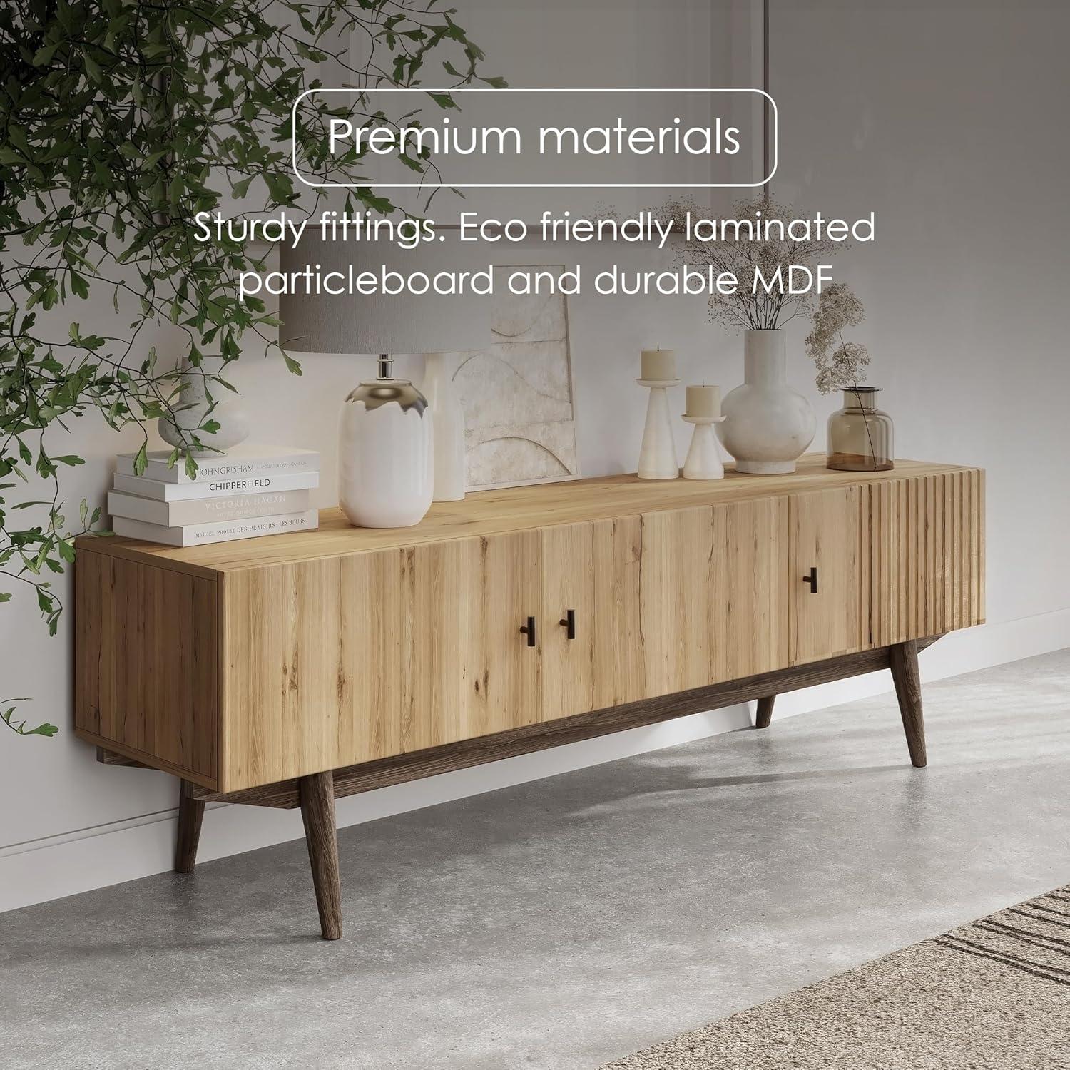 Living Skog  Chelsea Brown TV Stand Fits for TV's up to 65 in. with Slatted Design and Wood Legs light brown Matte Laminate