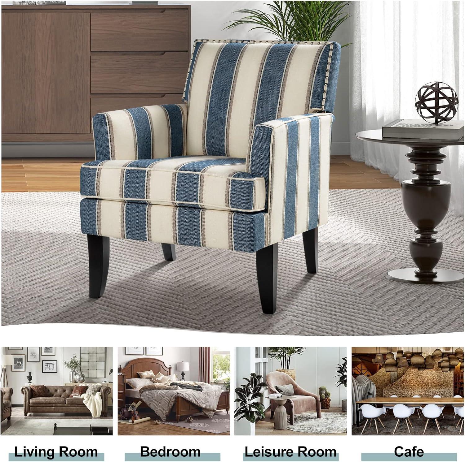 Upholstery Accent Chair Armchair Sofa Couch Lounge Seat Wood Black Legs Nailhead Trim Home Living Room Bedroom Stripe Blue