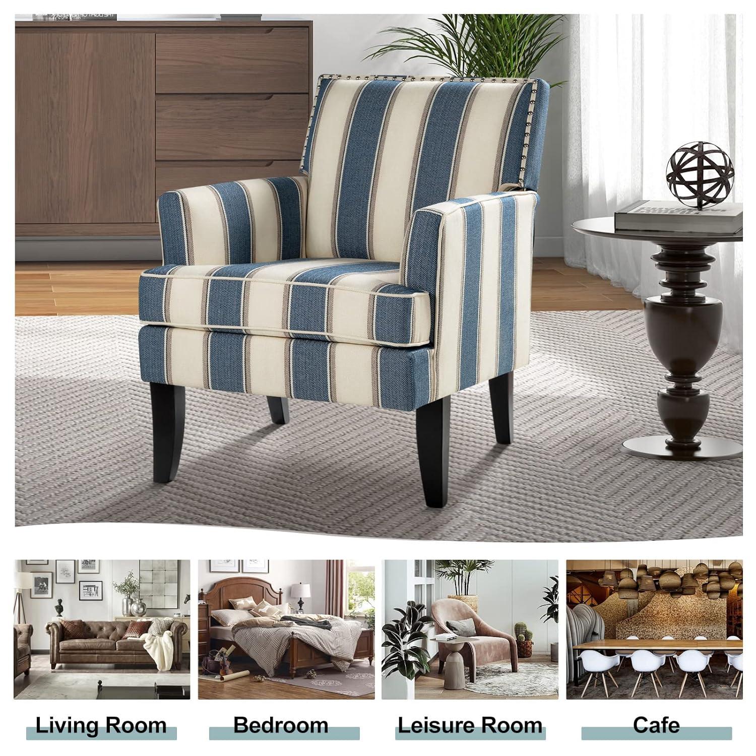 Upholstery Accent Chair Armchair Sofa Couch Lounge Seat Wood Black Legs Nailhead Trim Home Living Room Bedroom Stripe Blue