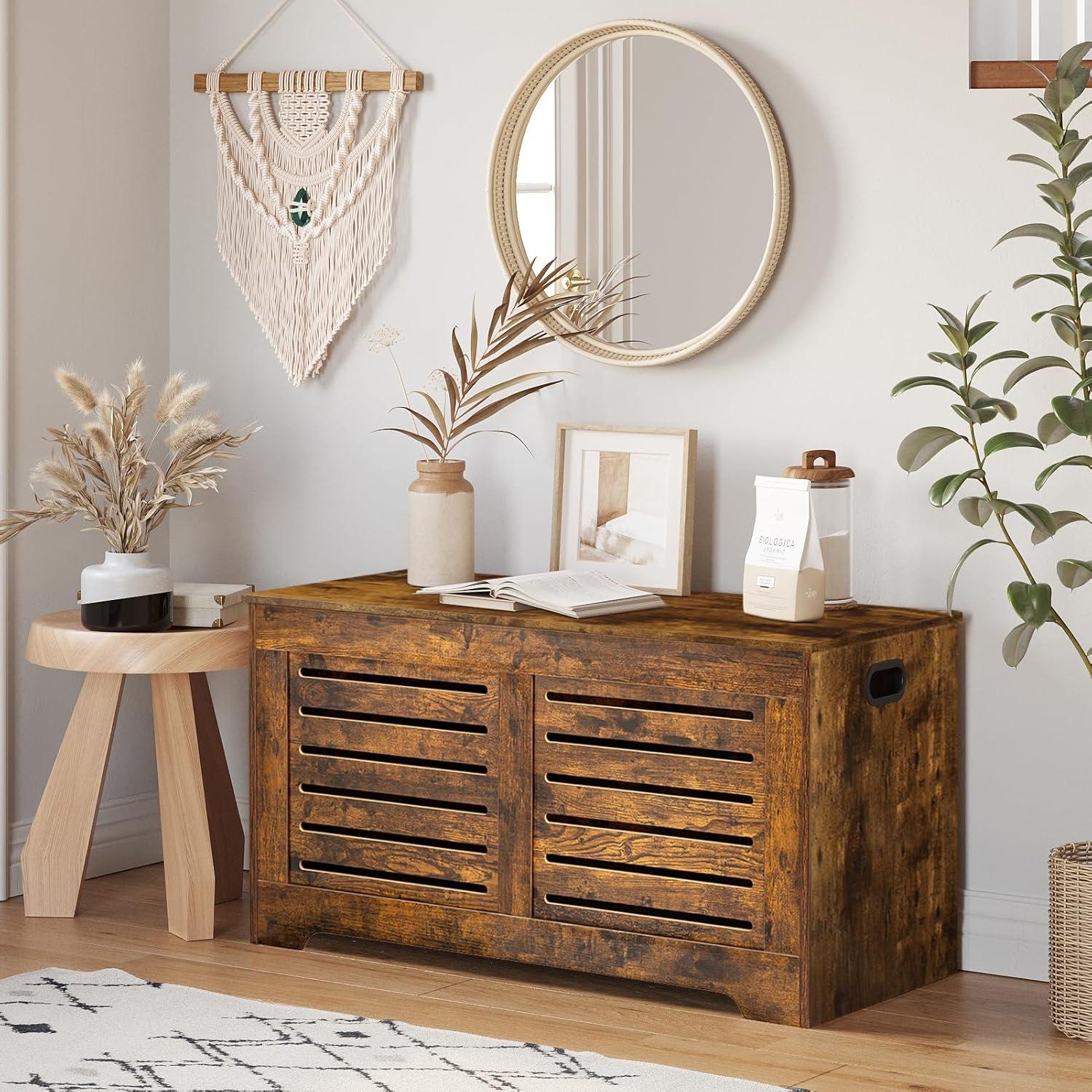 DINZI LVJ Storage Chest, Flip-Top Wooden Toy Box with 2 Safety Hinges, Retro Entryway Shoe Bench, Sturdy Large Storage Trunk for Living Room, Bedroom, Toddler Room, Easy Assembly, Rustic Brown