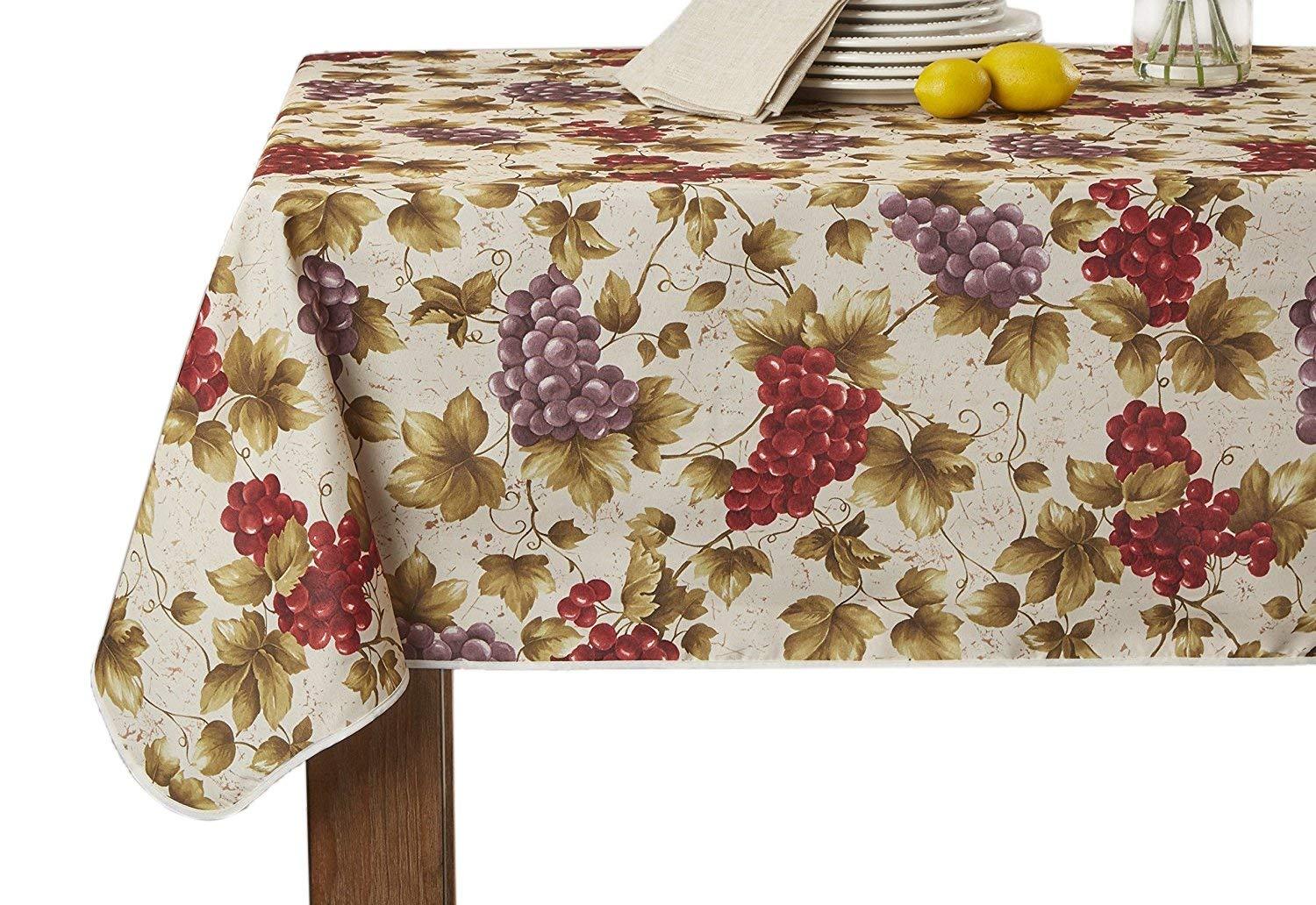 Violet Linen European Vinyard Grapes Printed Design, Polyester, Beige, 60 Inch by 120 Inch, Seats 10 to 12 Pepole, Rectangle Tablecloths