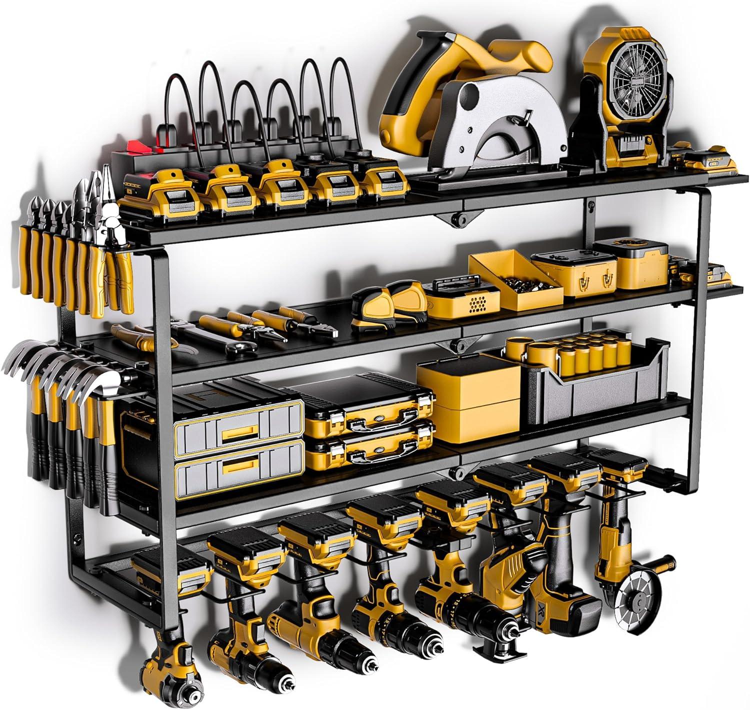 UNIVERSAL WINDOW SOLUTIONS Power Tool Organizer With Charging Station, 8 Drill Holder Wall Mount, 4 Layer Storage Rack For Garage Storage, Heavy Duty Utility Racks, Tool Battery Shelf With 6 Outlet Power Strip
