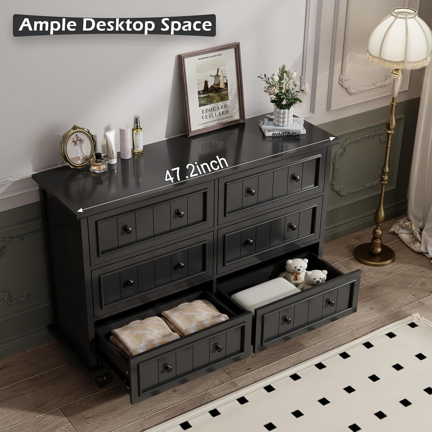 Scurrty 6 Drawer Dresser, Antique Chest of Drawers, Large Cabinet with Storage, Big Dresser for Clothes in Living Room, Bedroom (Black)