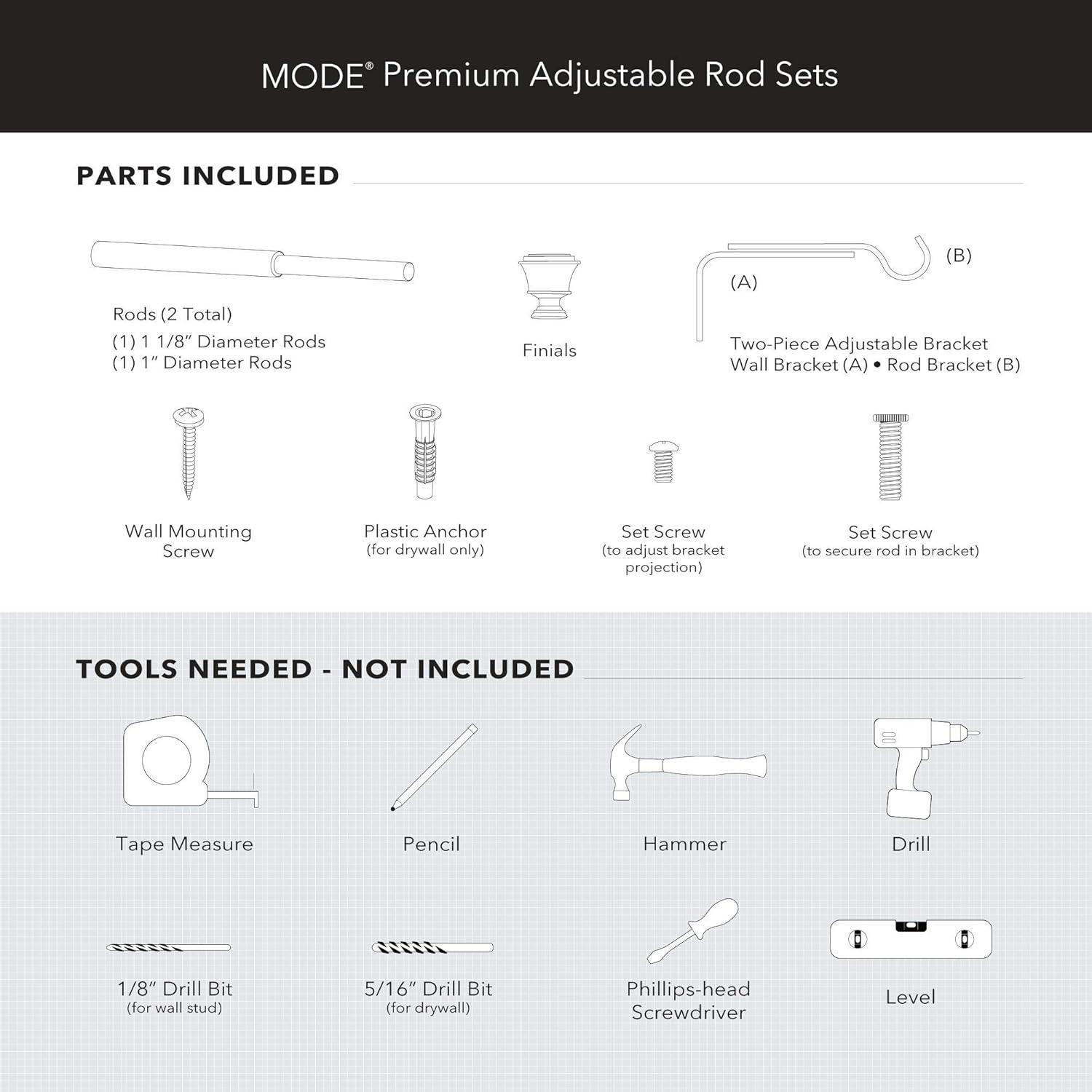 MODE Mode Premium Collection 1 1/8 in Diameter Curtain Rod, Cylinder Finials and Steel Wall Mounted Adjustable Rod