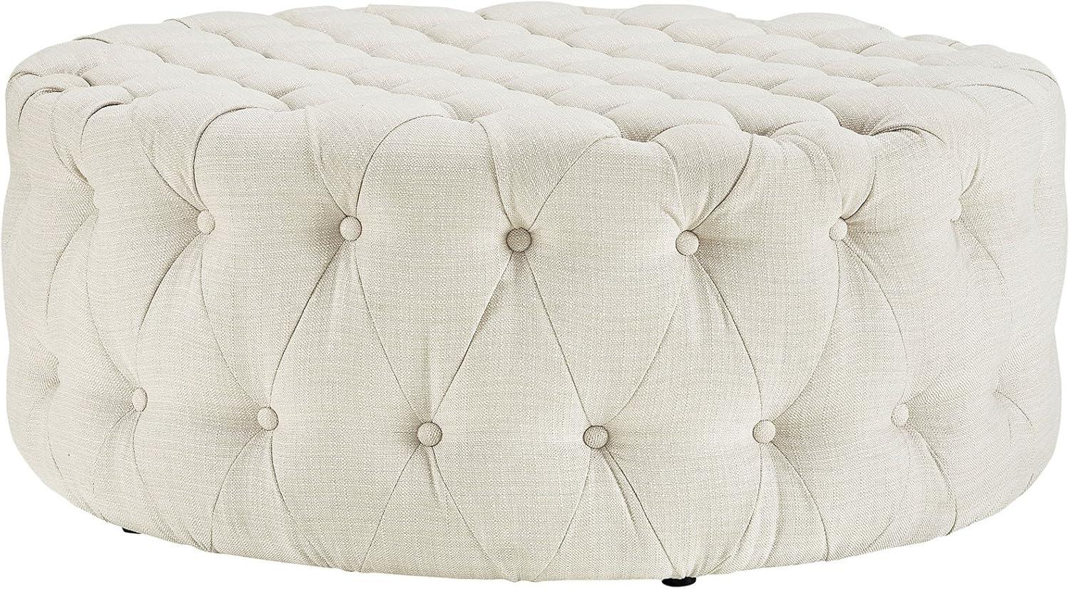 Chic Beige Tufted Round Ottoman with Dense Foam Padding