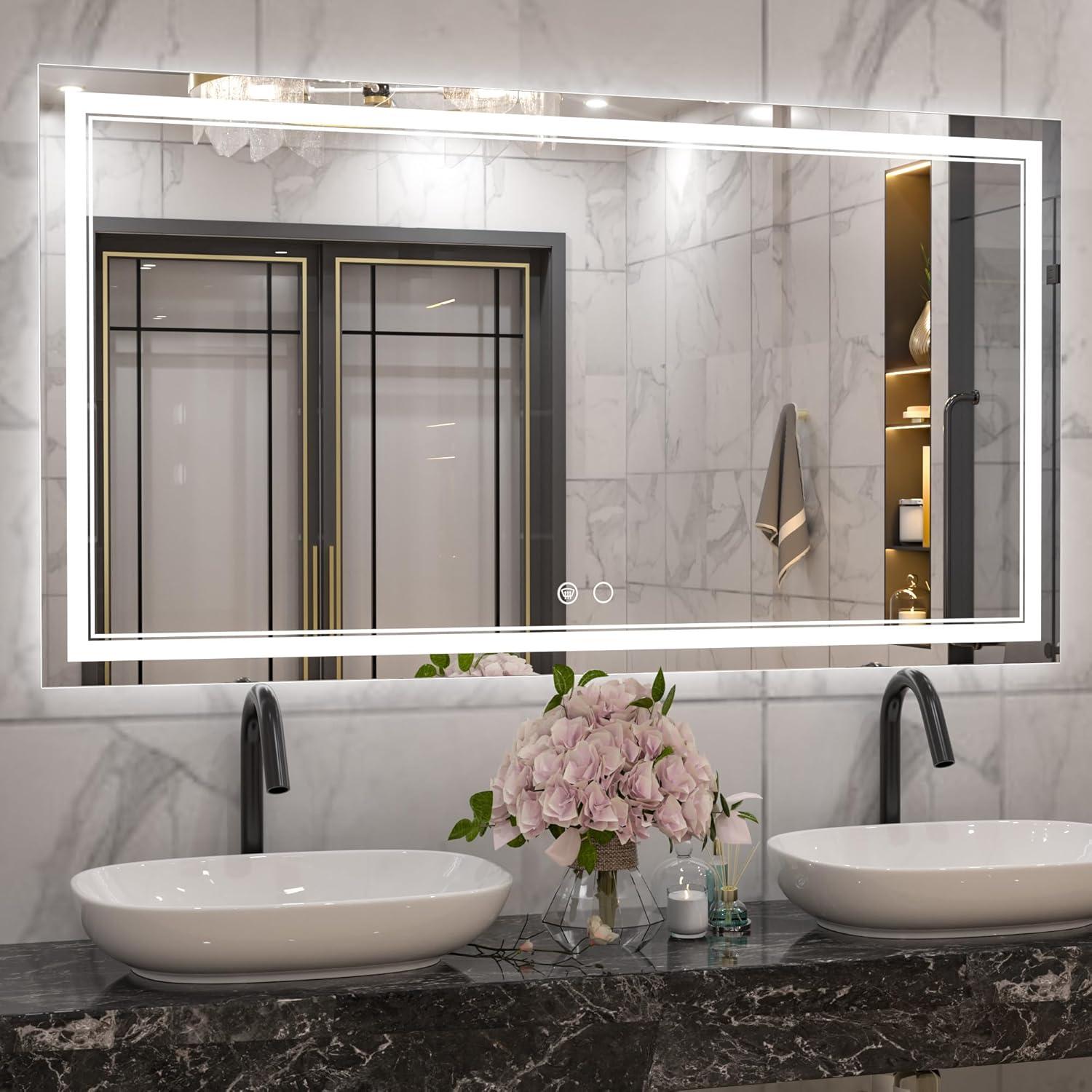 Keonjinn 84 x 32 Inch LED Bathroom Mirror with Lights 3 Color Temperature Frontlit Oversized Vanity Mirror Wall Mounted Anti-Fog, UL Listed LED Driver, Tempered Glass Dimmable Lighted Bathroom Mirror