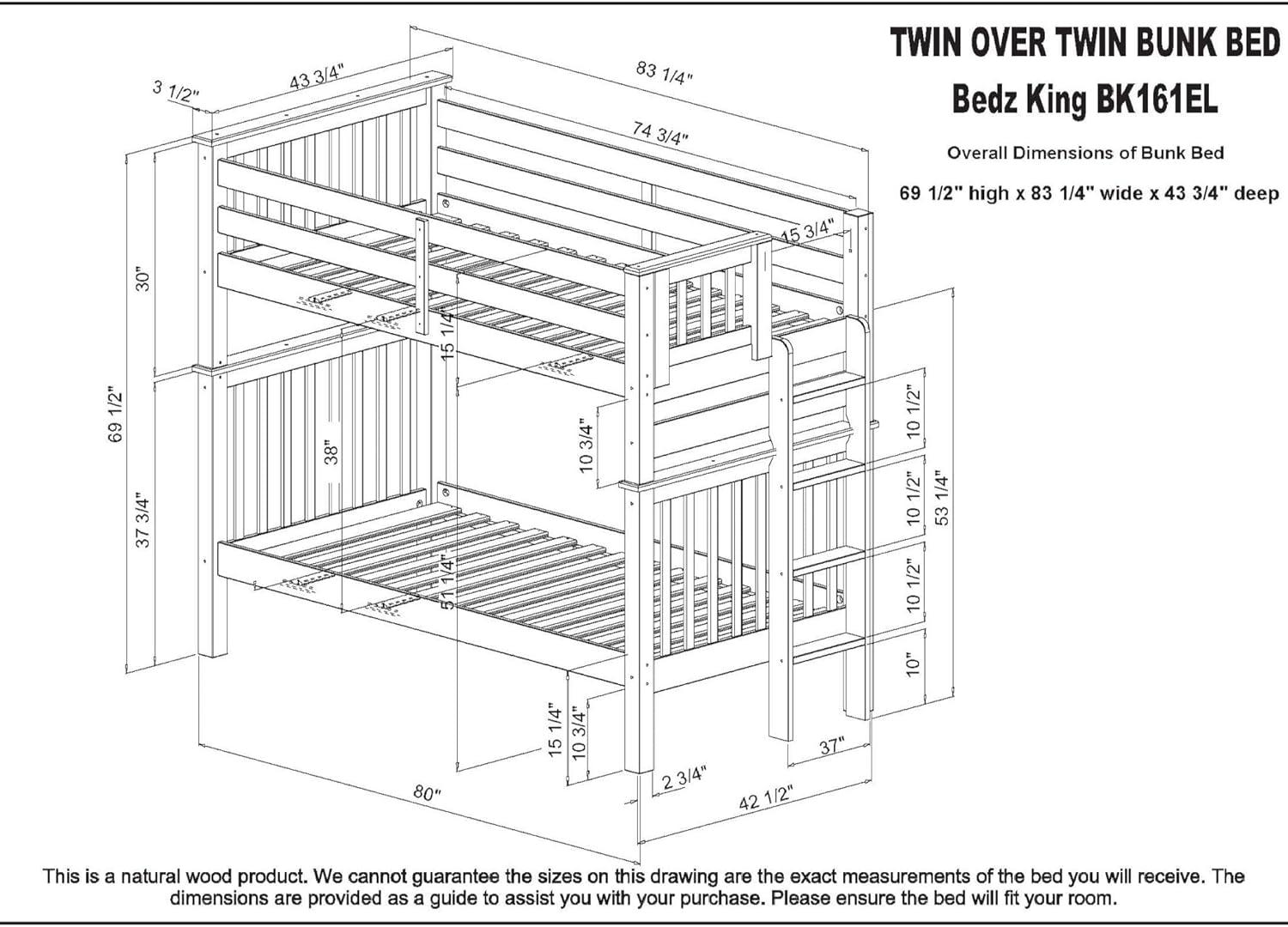 Bedz King Tall Bunk Beds Twin over Twin Mission Style with End Ladder and 2 Under Bed Drawers, Gray