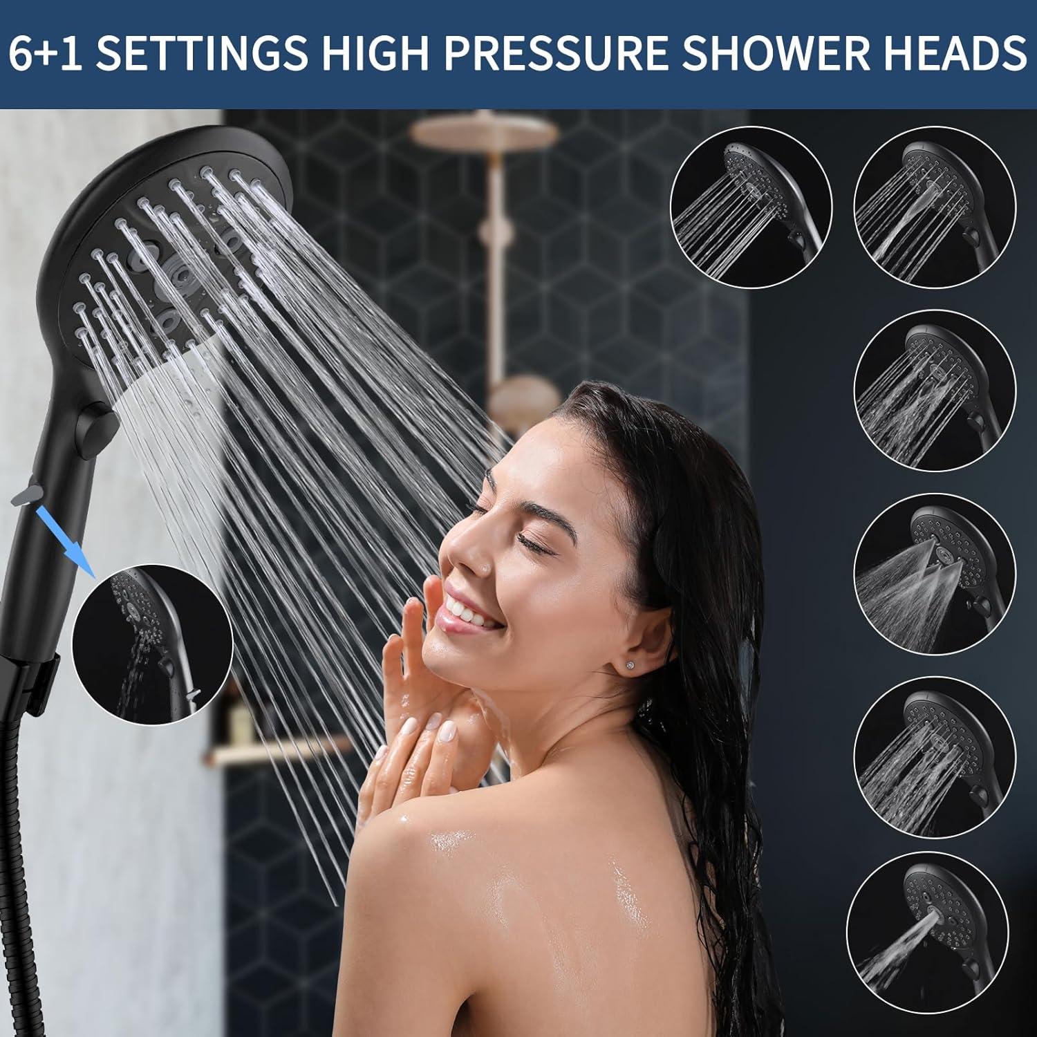8" Dual Shower Head Combo, Rainfall Shower Head with Handheld, 6 Spray Settings Angle Adjustable Handheld Shower Head with Pause, Height Adjustable, Matte Black