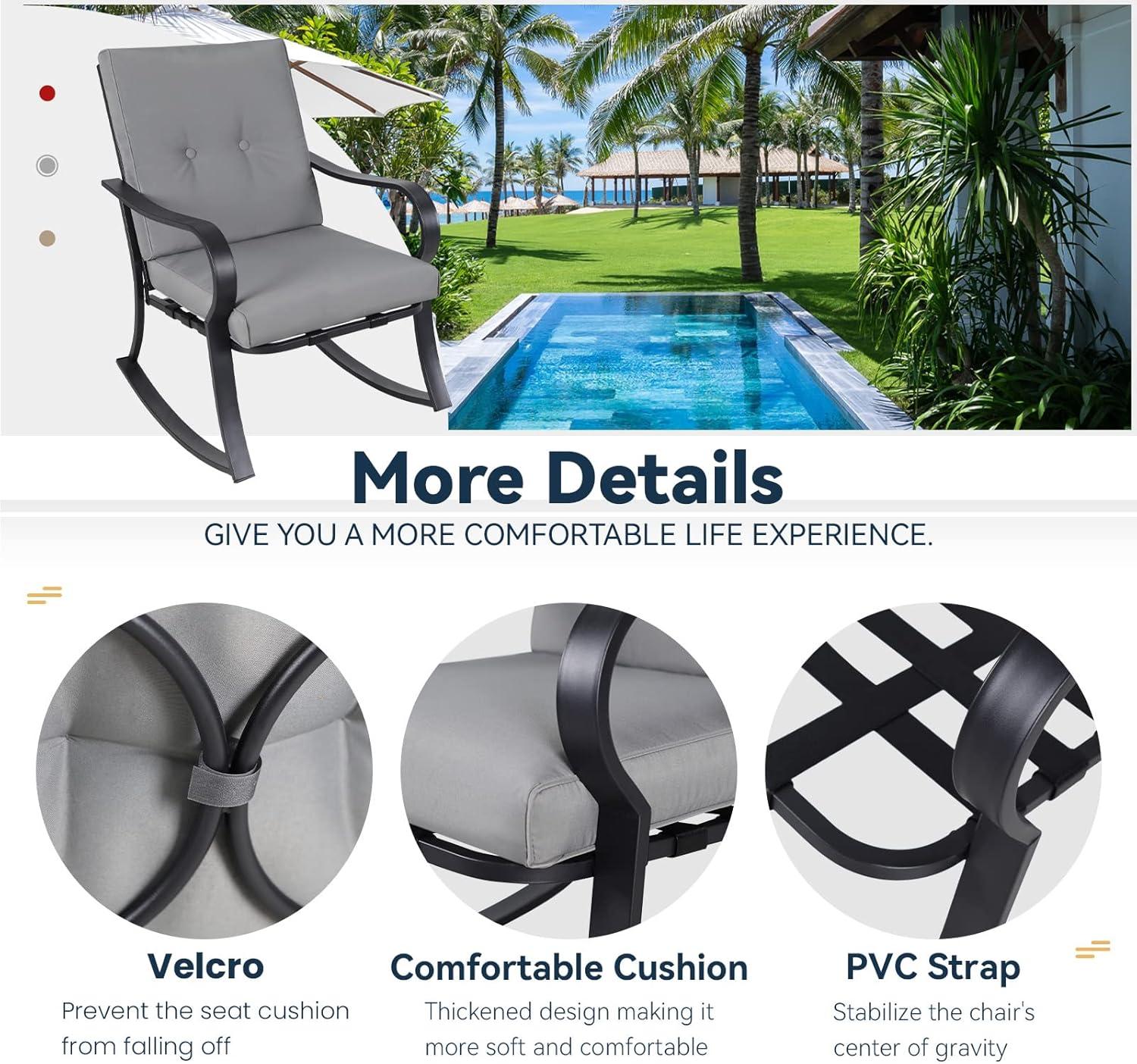 Crownland Outdoor Rocking Chairs Patio Furniture 3 Piece Patio Set Bistro Table Set Black Iron with Thickened Cushions and Glass Coffee Table, Grey