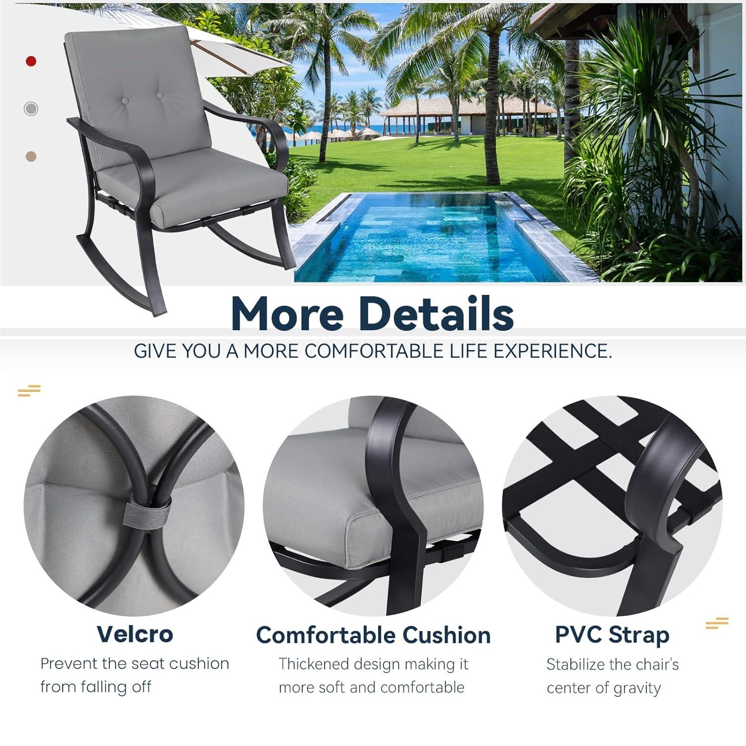 Crownland Outdoor Rocking Chairs Patio Furniture 3 Piece Patio Set Bistro Table Set Black Iron with Thickened Cushions and Glass Coffee Table, Grey