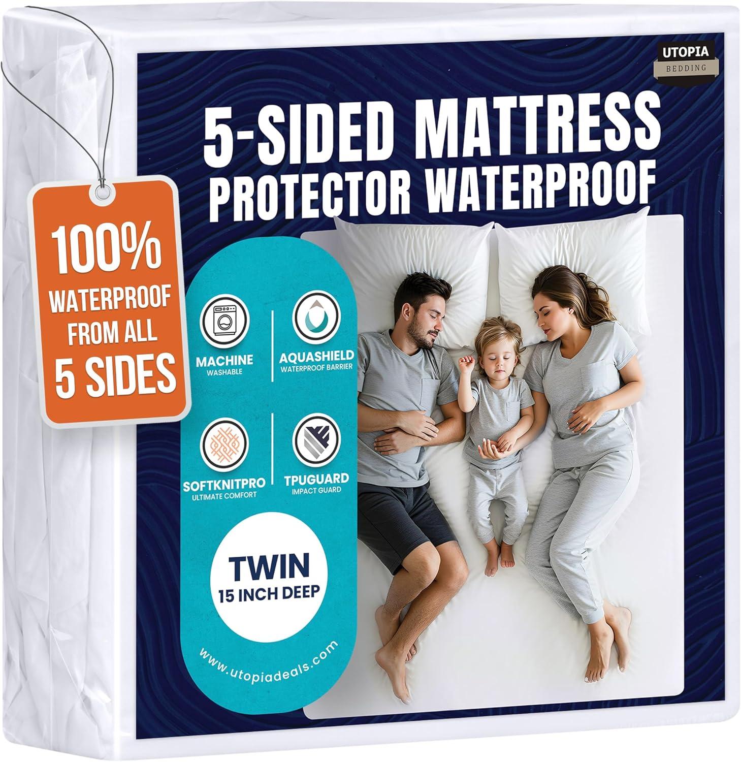 PEKUR Waterproof Mattress Protector – Fitted Sheet Style, Deep Pocket Cover Fits Up to 15 Inches, Washable & Breathable Mattress Topper