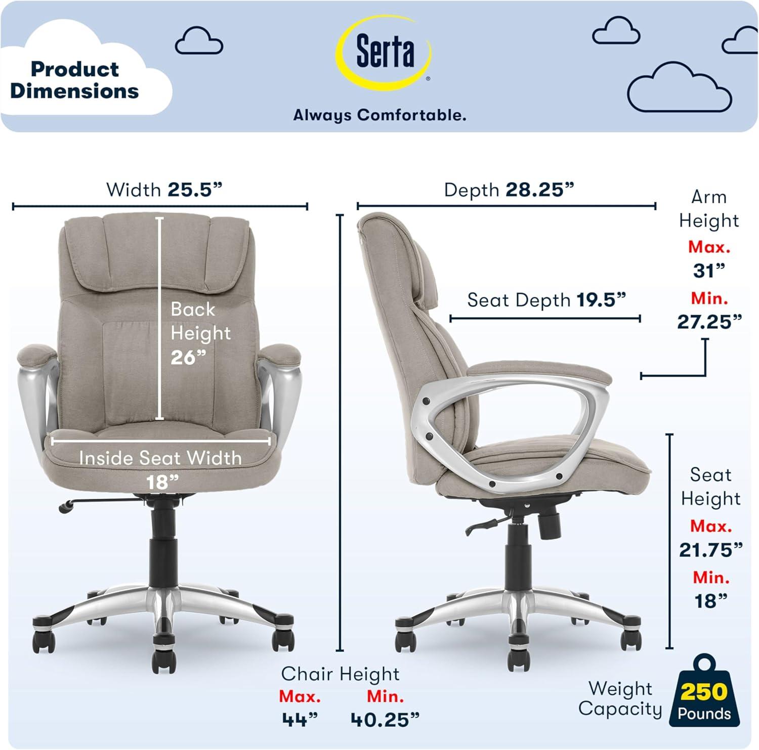 Serta Serta Hannah Executive Office Chair, Ergonomic Lumbar Support, Firm Seat Cushion, Deep Body Pillows