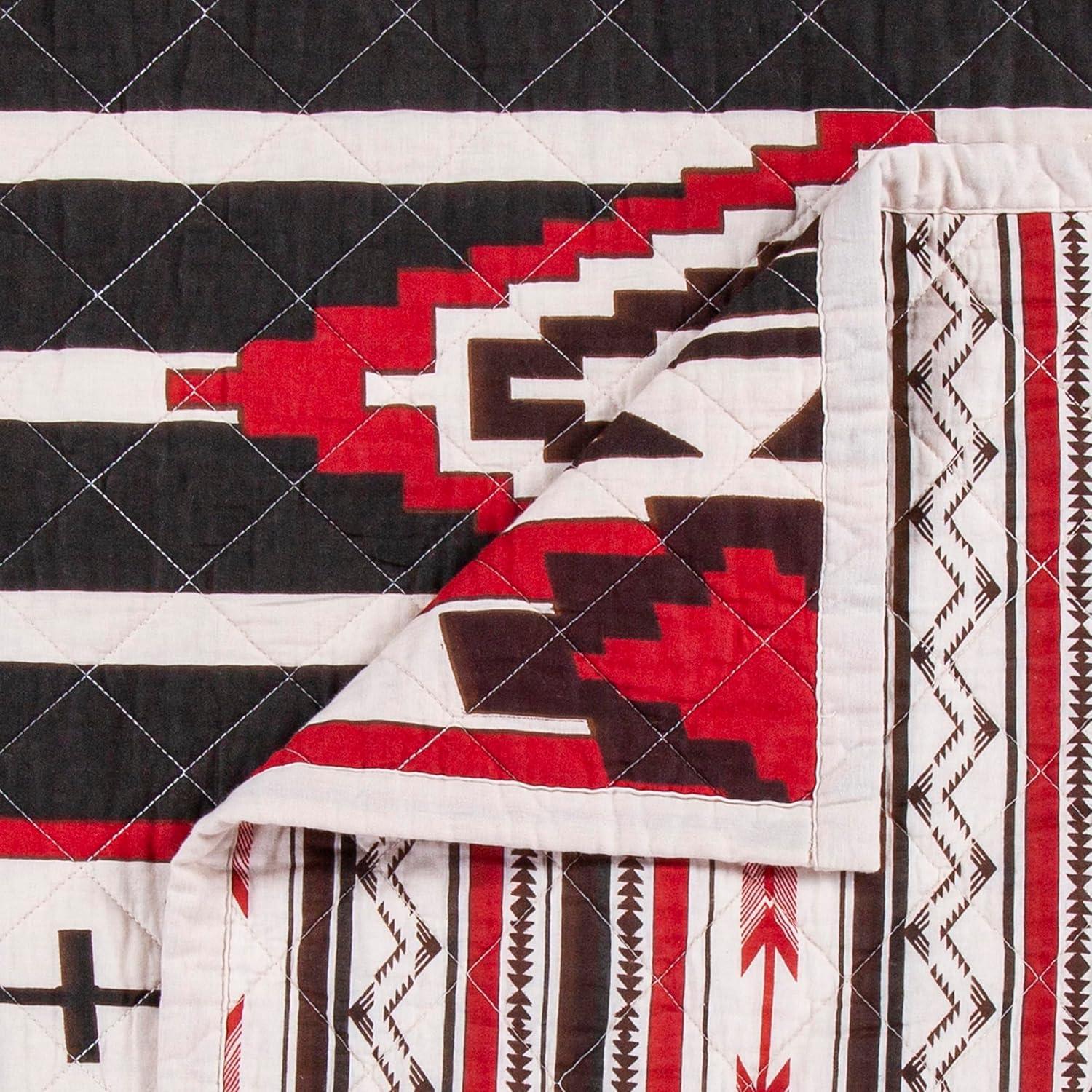 Cortez White Red Gray Brown Cotton Geometric Aztec Pattern Reversible Western Lodge Quilt Set