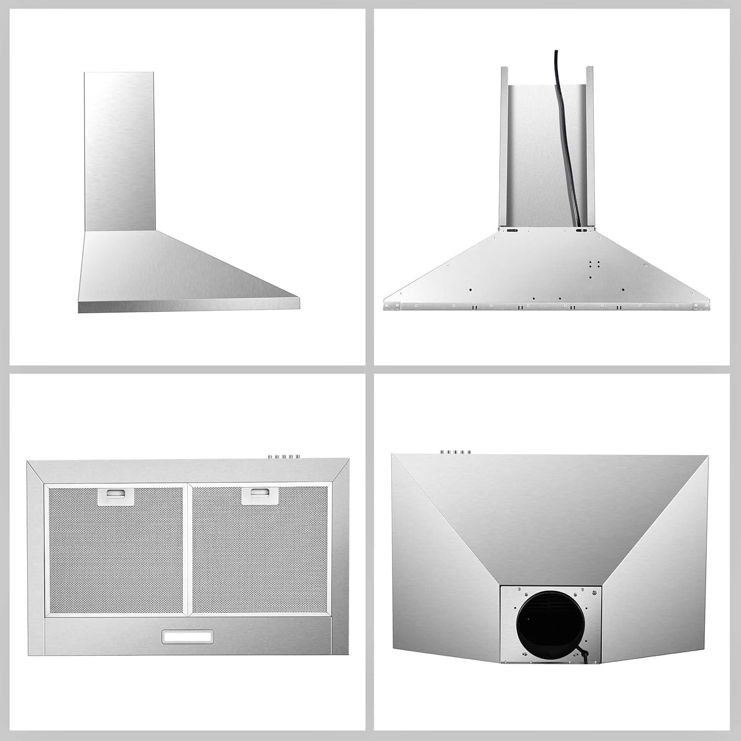 SNDOAS Range Hood 30 inch,Wall Mount Range Hood in Stainless Steel With Ducted/Ductless Convertible,Stove Vent Hood with Aluminum Filters,3 Speed Exhaust Fan,LED Light,Button Control
