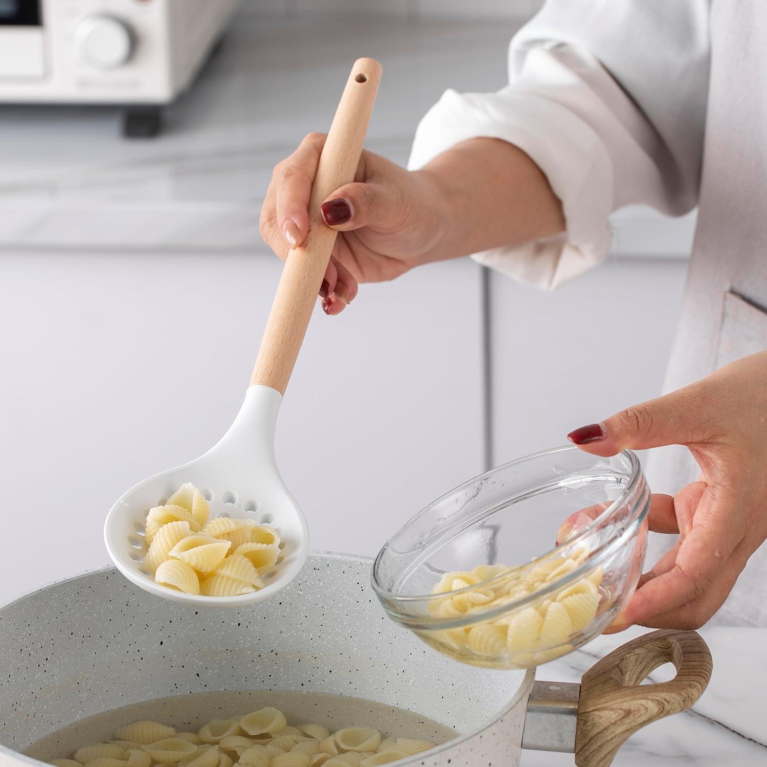 14pcs Kitchen Silicone Cooking Utensils Set,Non-Stick,Wooden Handle,White