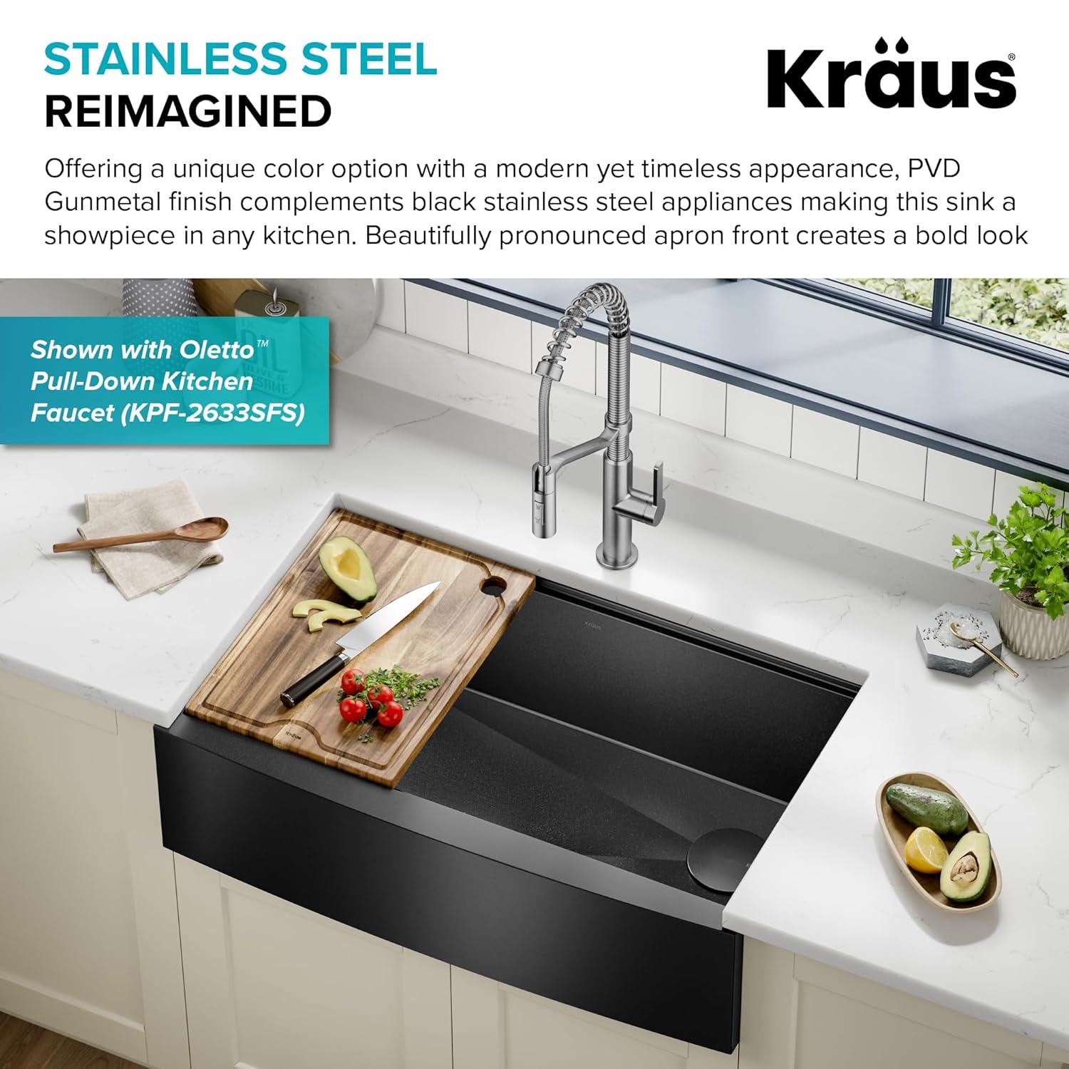 KRAUS Kore™ Workstation Farmhouse Apron Front 16 Gauge Single Bowl Kitchen Sink