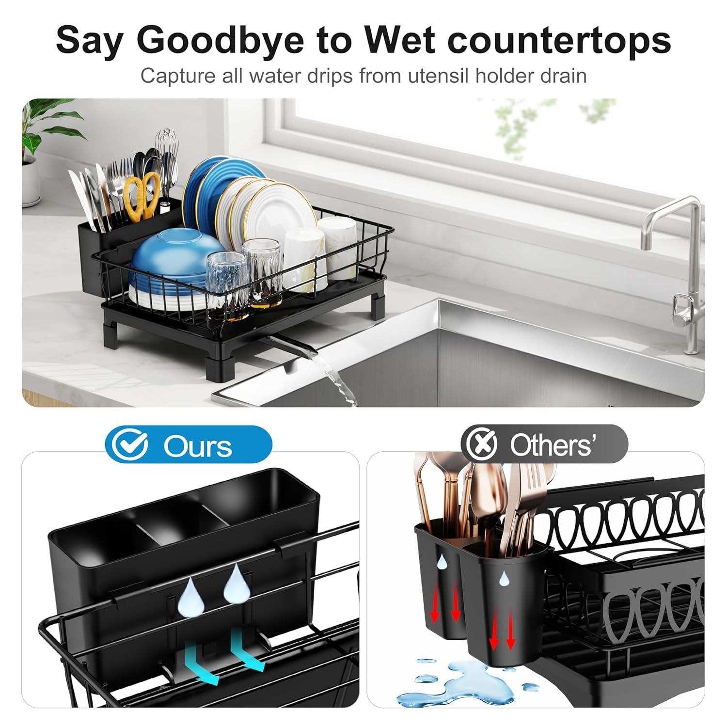 iSPECLE Dish Drying Rack with Drainboard - Dish Racks for Kitchen Counter, Rust-Resistant Compact Dish Drainer with Utensil Holder, Drain Spout and High Feet on Drip Tray, Black