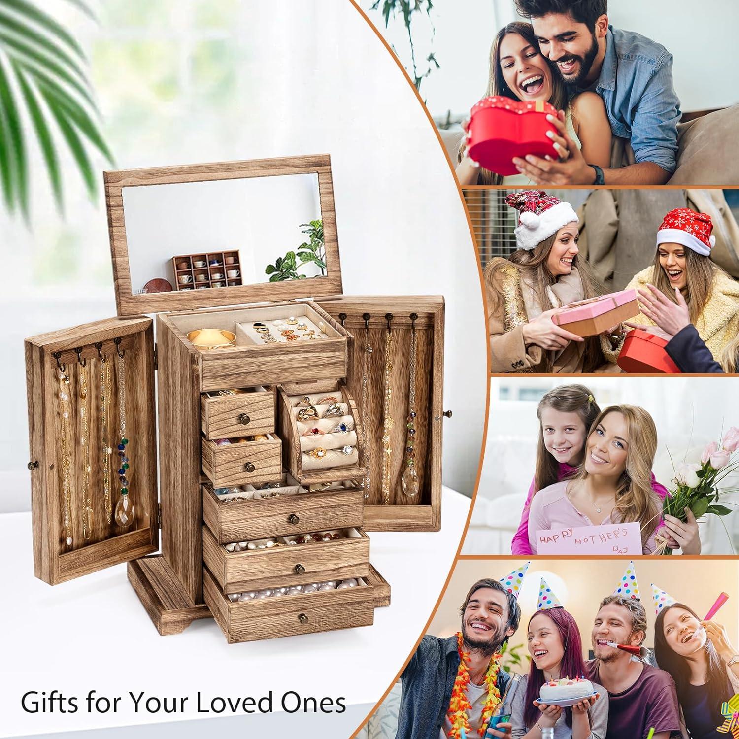 Loon Peak® Jewelry Box, Rustic Wooden Jewelry Boxes & Organizers With Mirror & Drawers,6 Layer Jewelry Organizer Box For Rings Earrings Necklaces Bracelets (Carbonized Black)