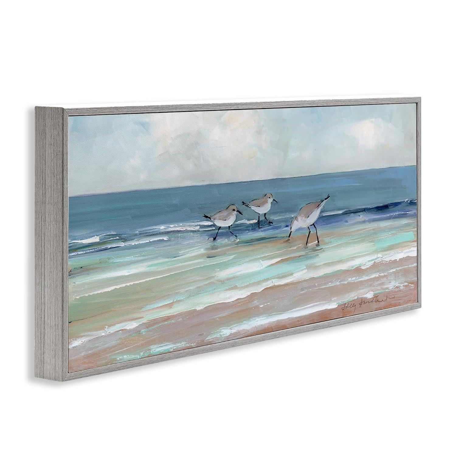 Stupell Industries Panoramic Sandpipers Birds Shoreline Ocean Landscape Painting Gray Framed Art Print Wall Art, 30x13, by Sally Swatland