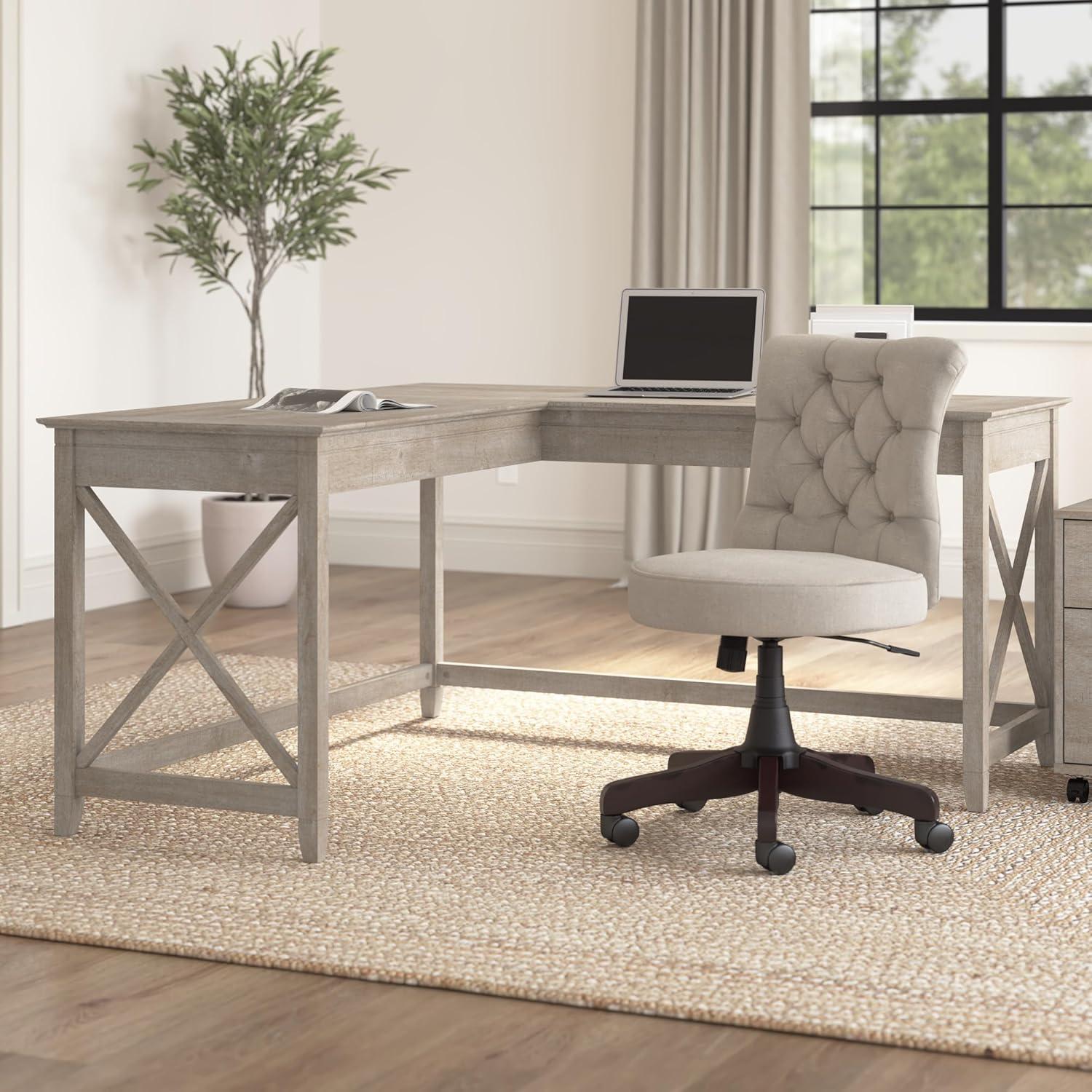 60W Key West L Shaped Desk Washed Gray - Bush Furniture