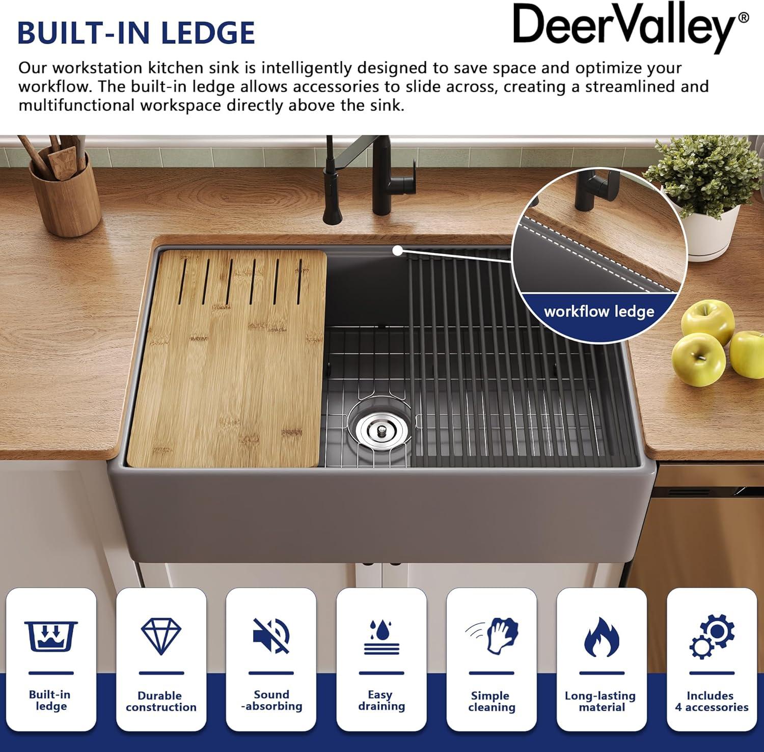 33"L x 20"W Farmhouse Kitchen Sink Deep Single Bowl Fireclay Workstation Sink with Cutting Board and Dish Drying Rack