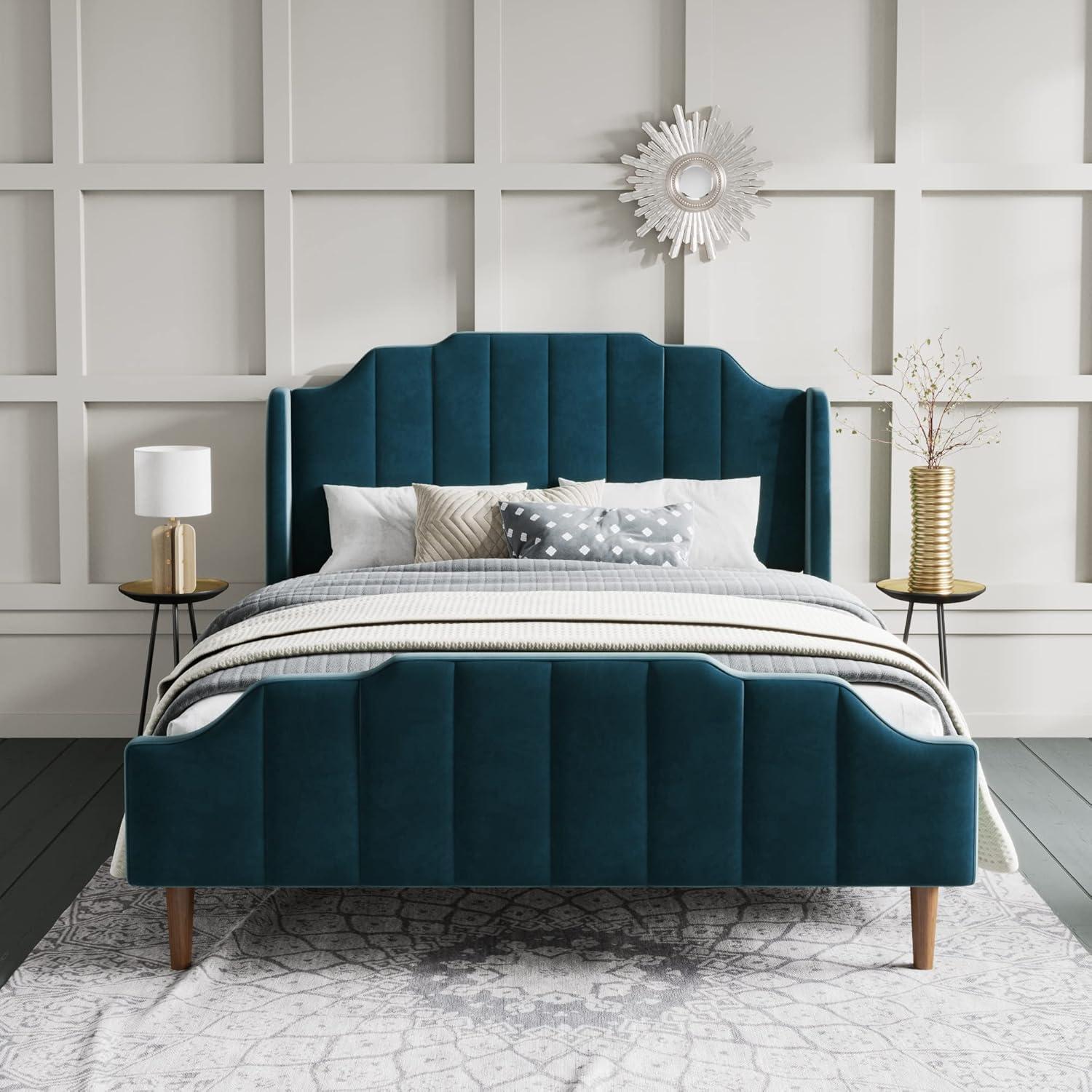 Sha Cerlin Queen Size Platform Bed Frame with Modern Curved Upholstered Wingback Headboard, Blue