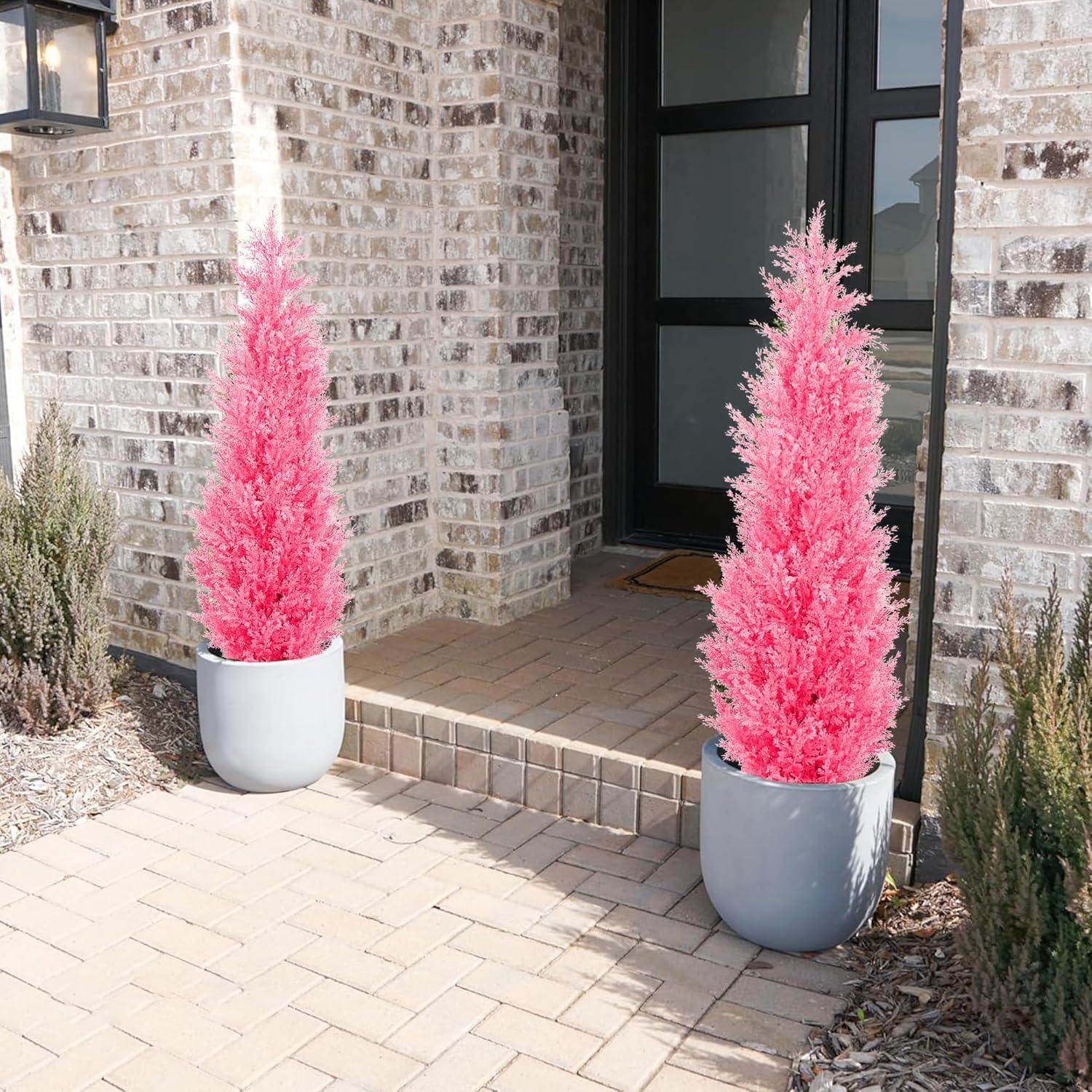 LINBONIO 4 ft Pink Artificial Cedar Tree UV Protection Faux Cedar Pines Outdoor Garden Office Store Front Porch Decoration 2 Pack