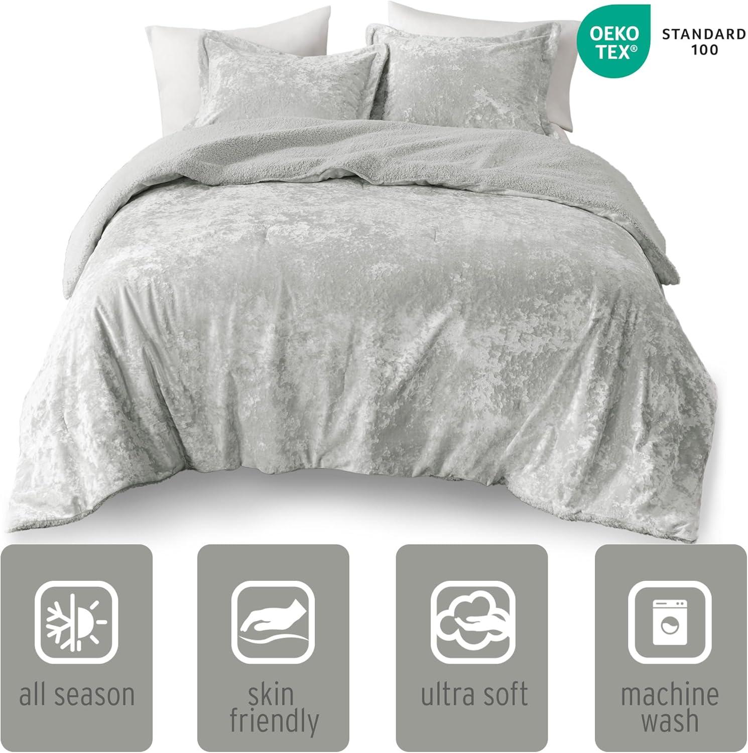 Twin/Twin XL Arabella Crushed Velvet to Faux Shearling Soft Reversible Teen Comforter Set Silver - Intelligent Design: Hypoallergenic Velvet Bedding