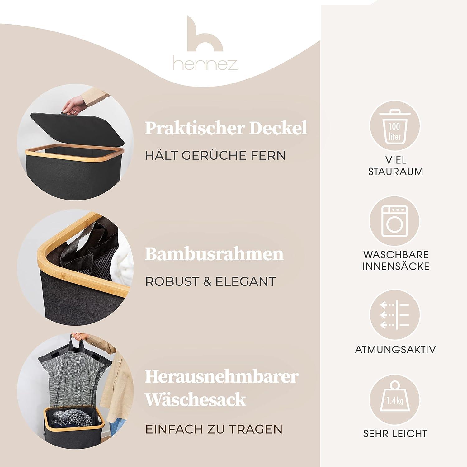 Hennez® Double Laundry Hamper with Lid, 2x Removable Bags, Thic Fabric, Bamboo Hamper 140Liter - 36gal - Light Gray
