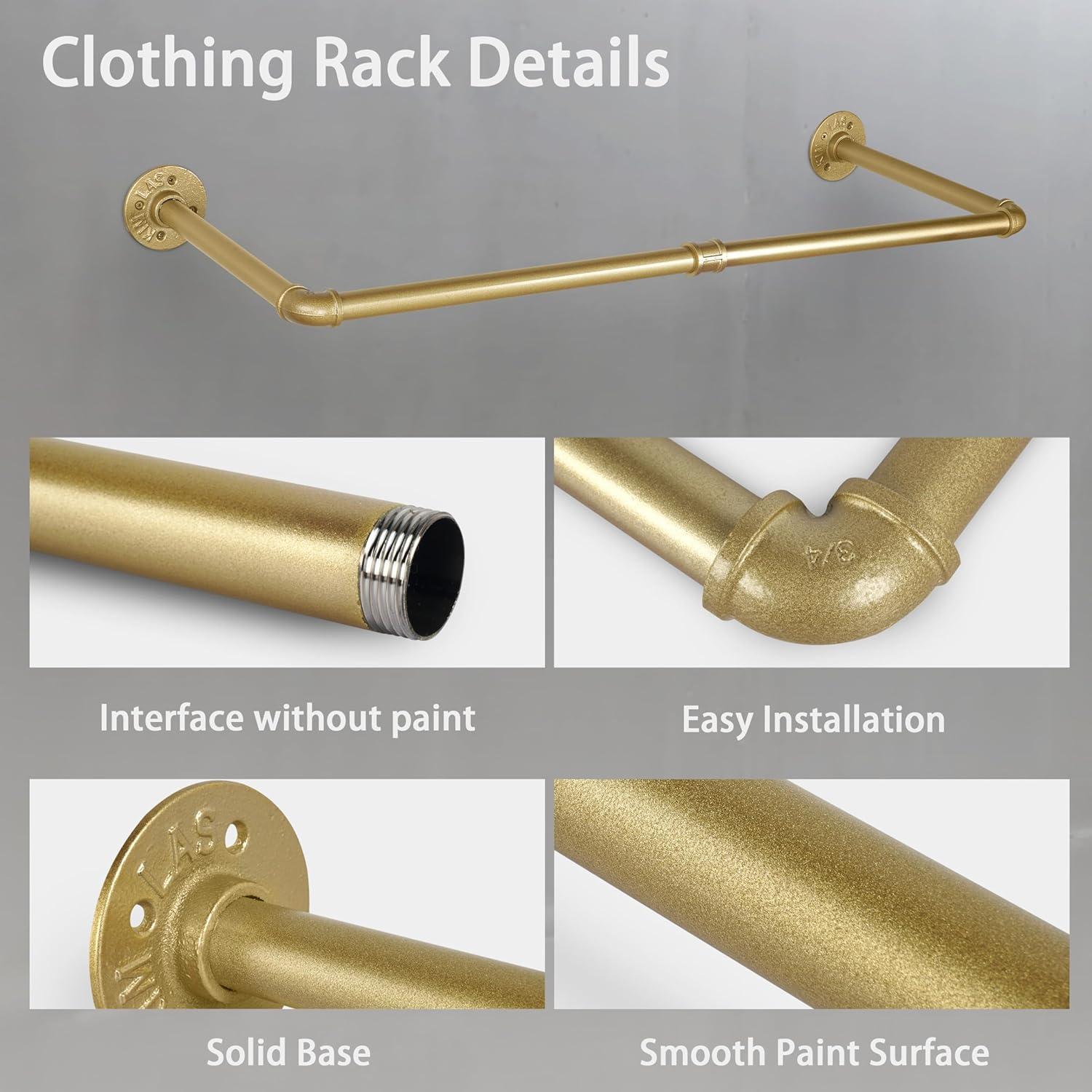 AddGrace 2 Pack Industrial Pipe Clothes Rack Gold Wall Mounted Clothing Rack for Hanging Clothes 34.5 Inch Multi-Purpose Garment Bar for Wardrobe and Laundry Room