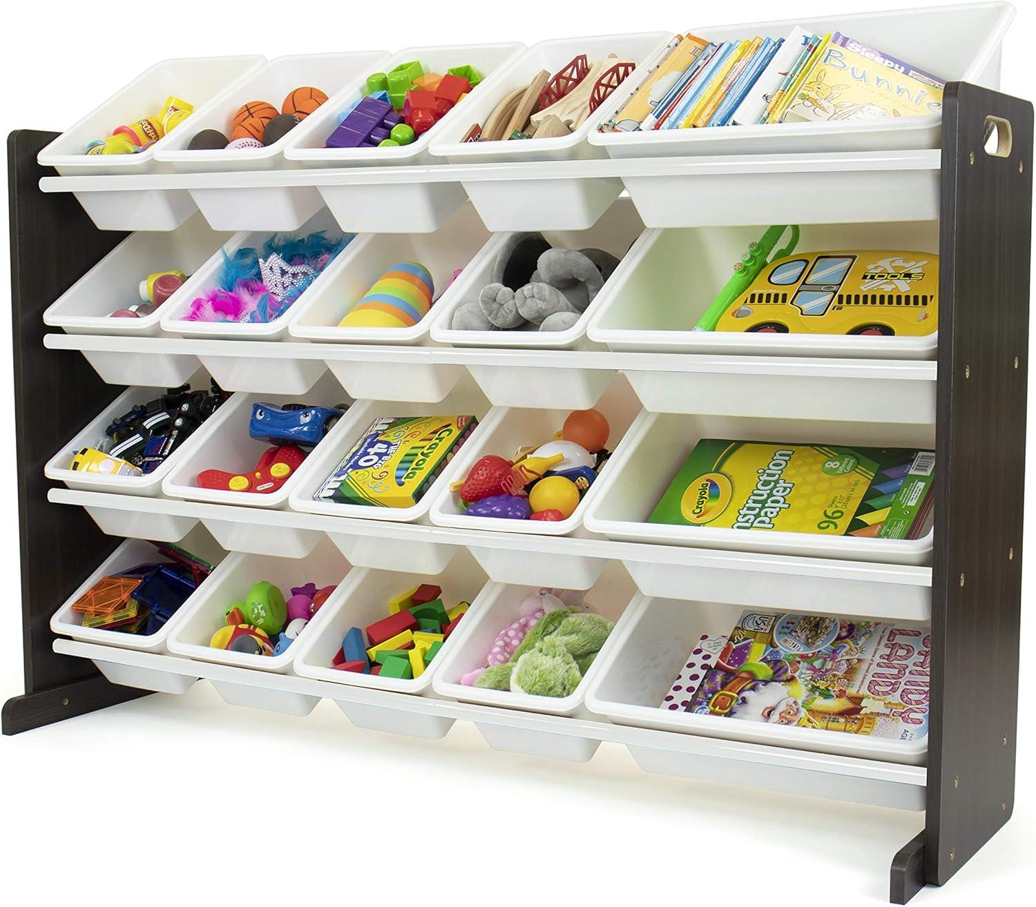 Extra Large Kids' Toy Storage Organizer with 20 Storage Bins Espresso/White - Humble Crew: Playroom Bin Shelf, MDF