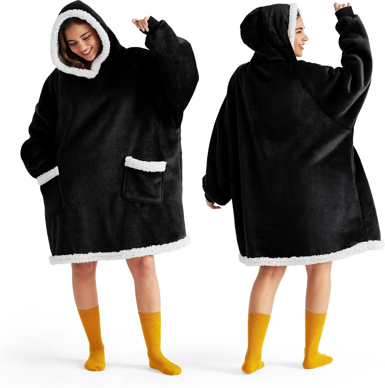 Bedsure Blanket Hoodie, Wearable Blanket for Adults & Kids as Gifts for Women Men, Birthday Gifts for Women Mom Girl Sherpa Oversized Hoodie, Black, Standard