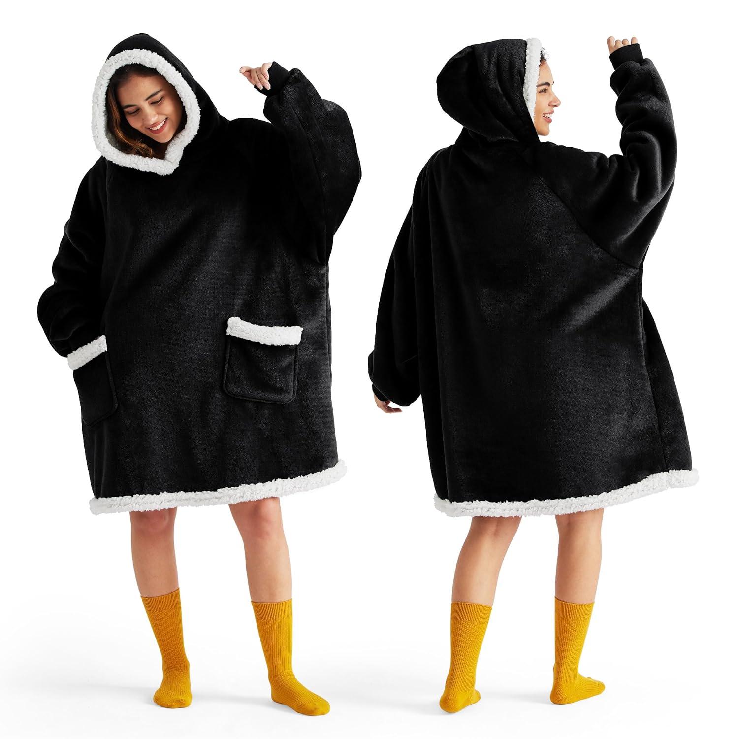 Bedsure Blanket Hoodie, Wearable Blanket for Adults & Kids as Gifts for Women Men, Birthday Gifts for Women Mom Girl Sherpa Oversized Hoodie, Black, Standard